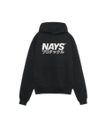 Nays Understatement Hoodie, schwarzer Pullover mit Kapuze, großem weißen NAYS-Schriftzug und japanischen Zeichen auf der Brust, Kängurutasche, entspannter Oversized-Schnitt.