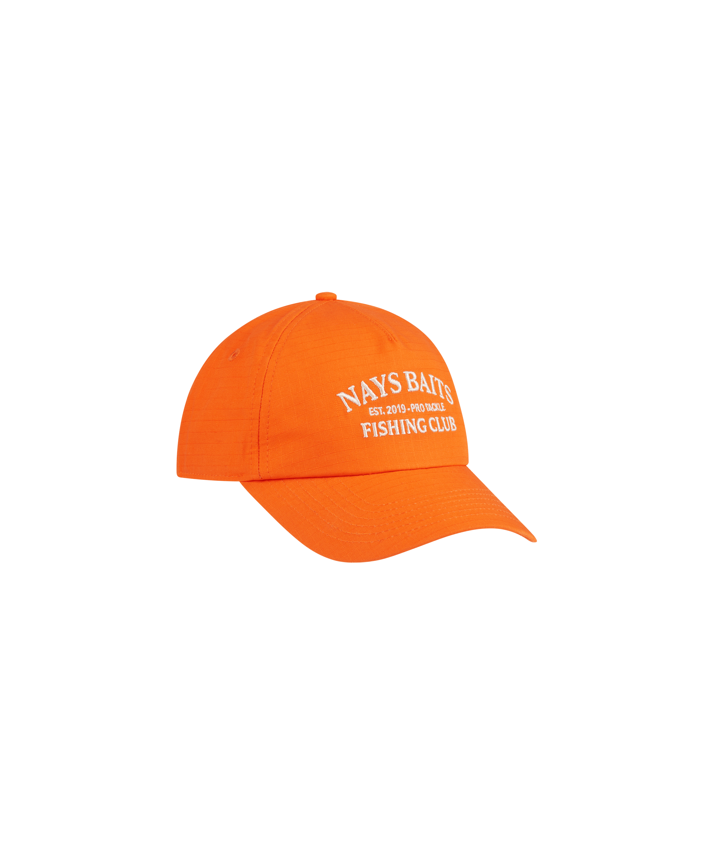 Knallorange Nays Baits Fishing Club Cap mit weißem Bestickung im Vintage-Stil.