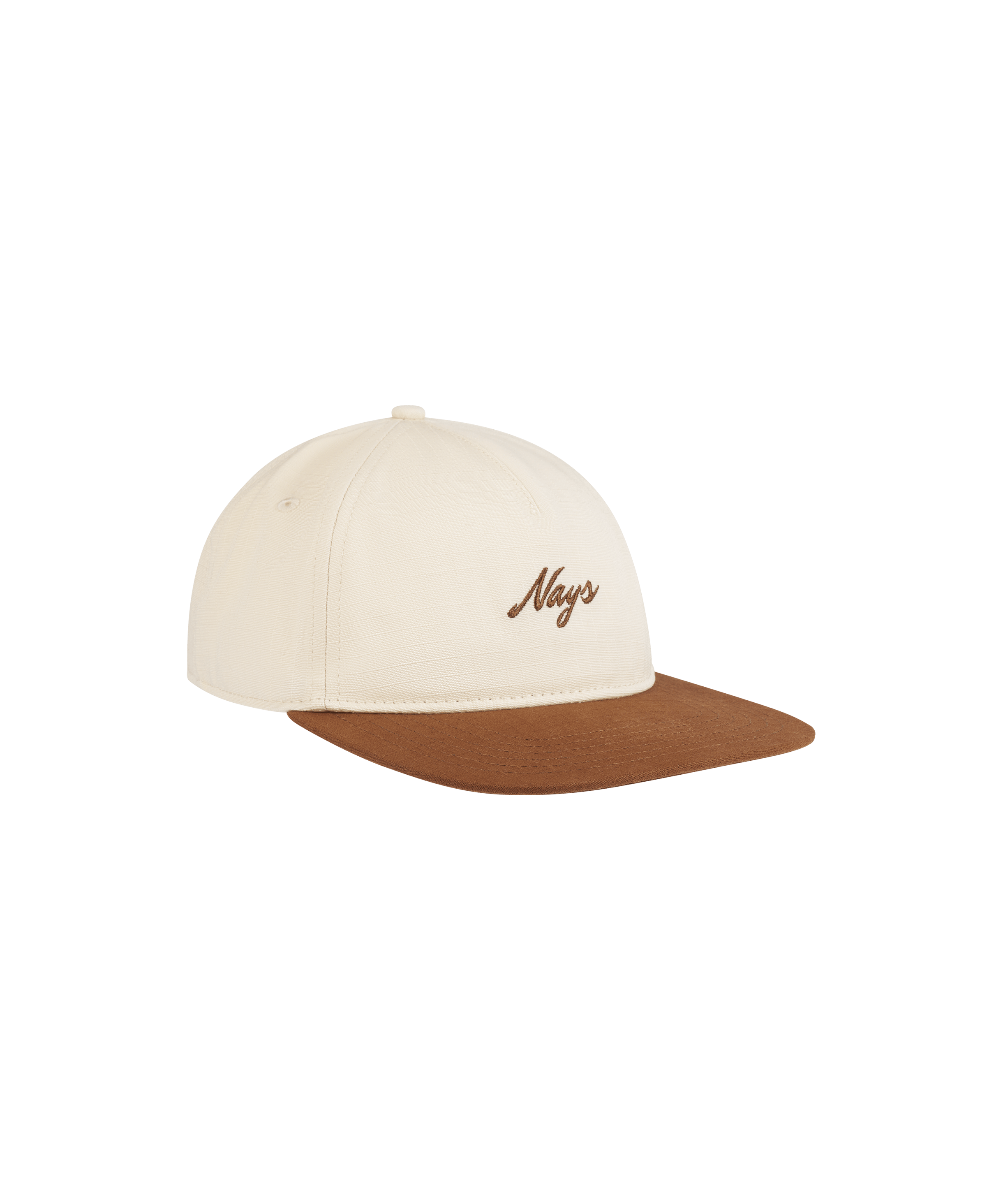 Zweifarbige Nays Cap in Beige mit braunem Schirm und braunem Logo-Stick.