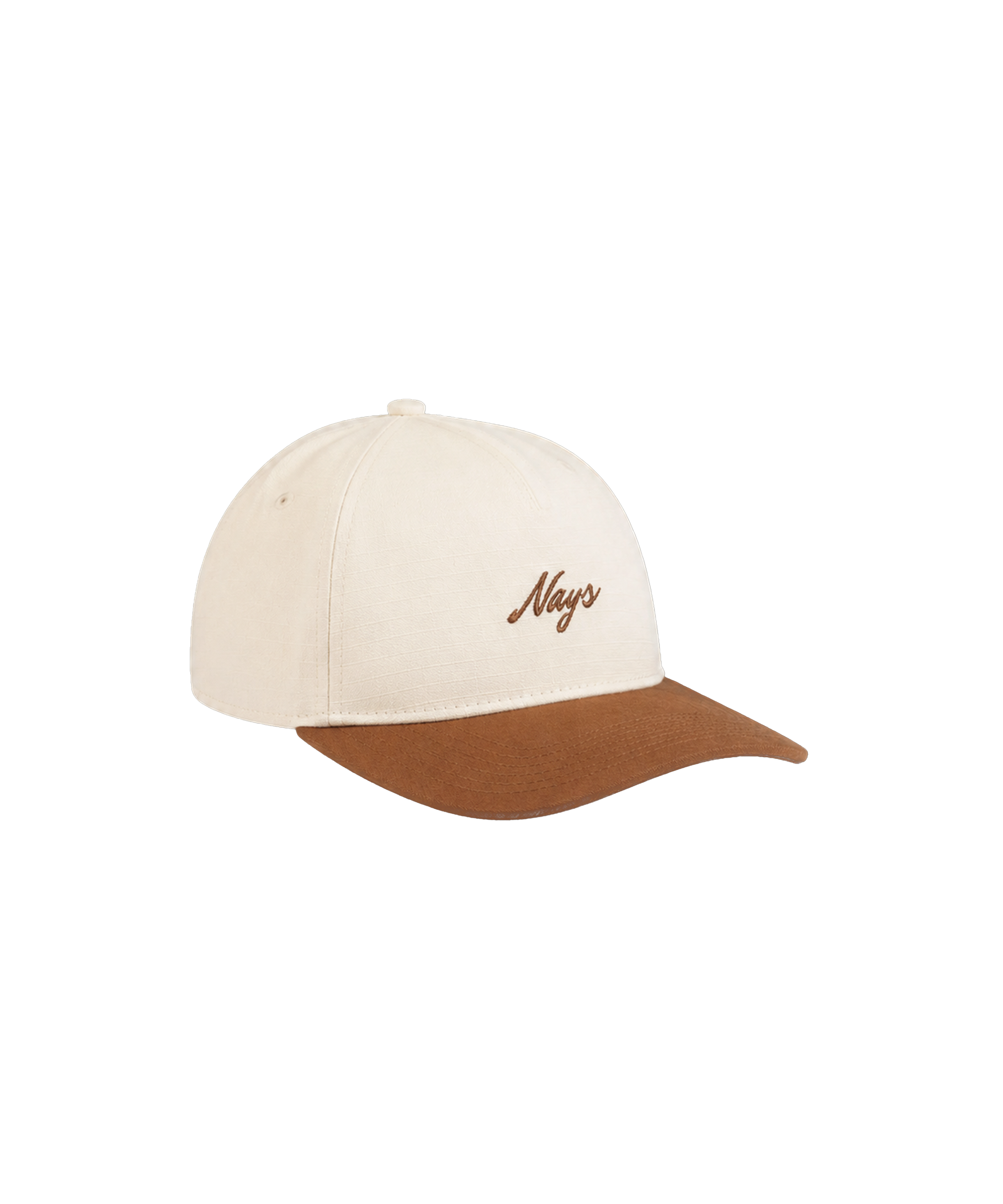Zweifarbige Nays Cap in Beige mit braunem Schirm und braunem Logo-Stick.