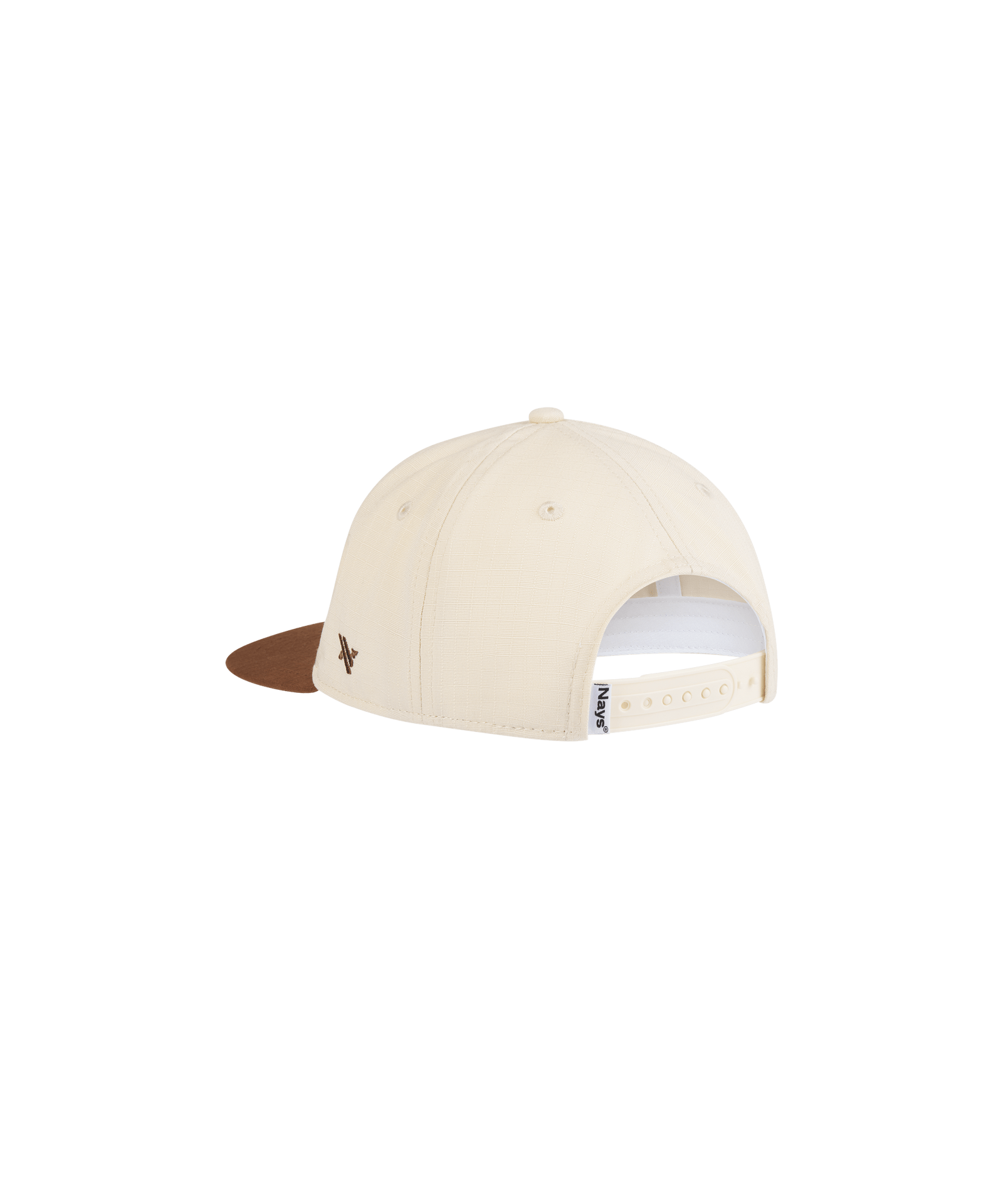 Rückansicht der beige-braunen Nays Snapback Mütze mit kontrastfarbenem Verschluss.