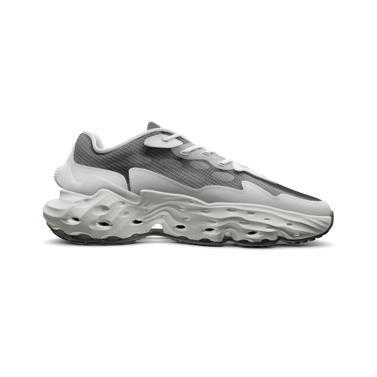 Nahaufnahme des Flowers For Society Seed.One Nays Sneakers, Ergebnis der Kollaboration mit Flowers For Society, bekannt für innovative, einzigartige Silhouetten und fortschrittliches Design.