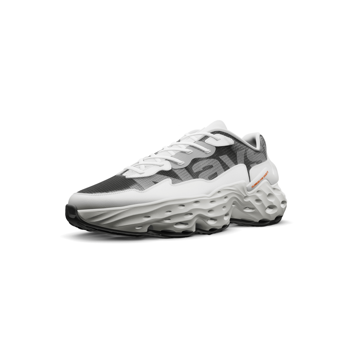 Nahaufnahme des Flowers For Society Seed.One Nays Sneakers, Teil einer limitierten Kooperation, bekannt für innovative Designs und Gemeinschaftsfokus.