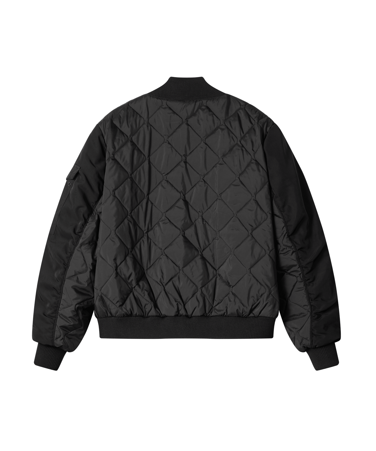 Bomberjacke in der Rückansicht. Gut zu erkennen der Materialmix aus klassischem Nylon und abgestepptem Rücken.