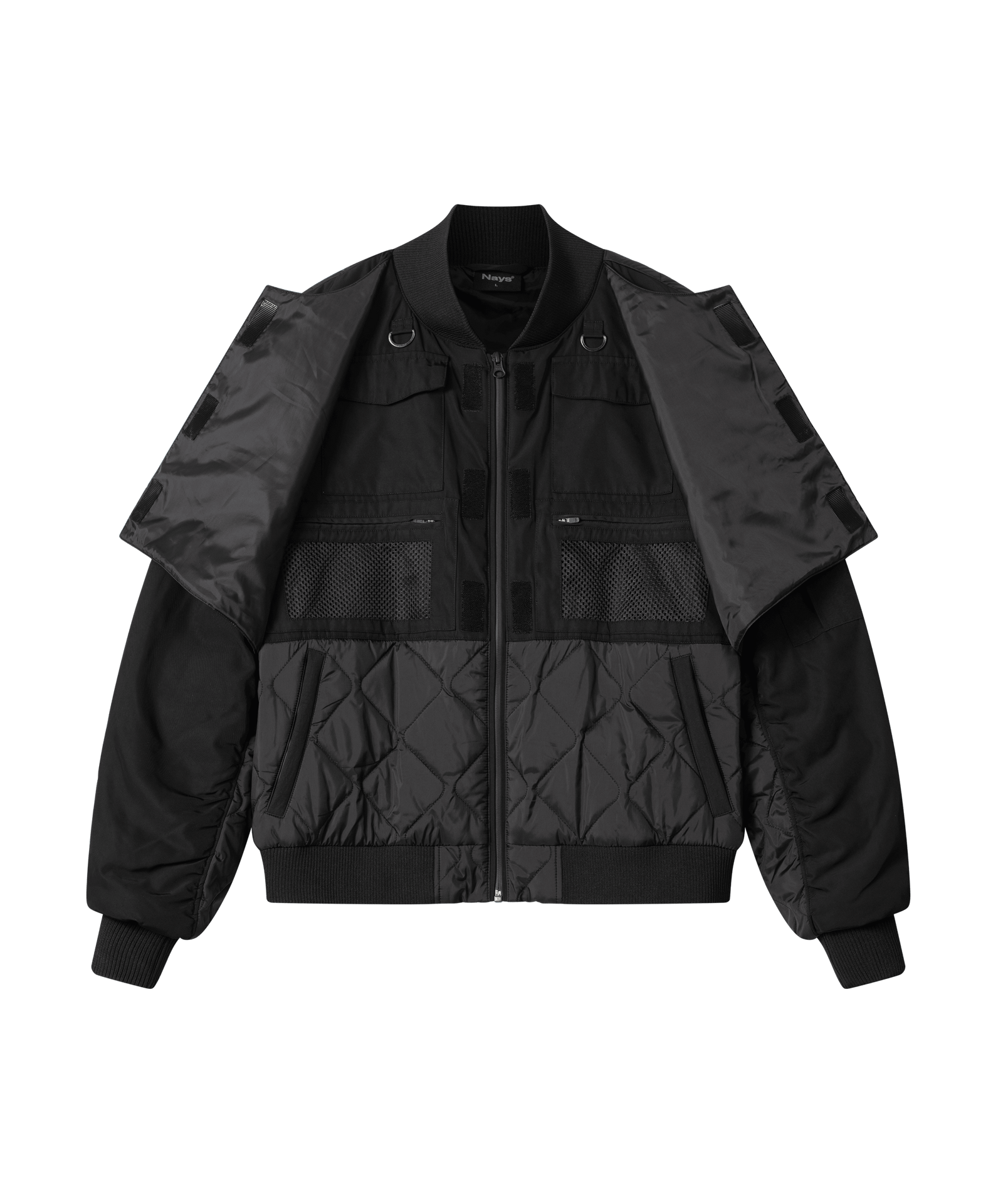 Nays Bomber Jacket mit Stehkragen, geöffnete Brusttaschen mit Blick auf weitere verdeckte Taschen, ideal für urbanen Stil und Funktionalität.
