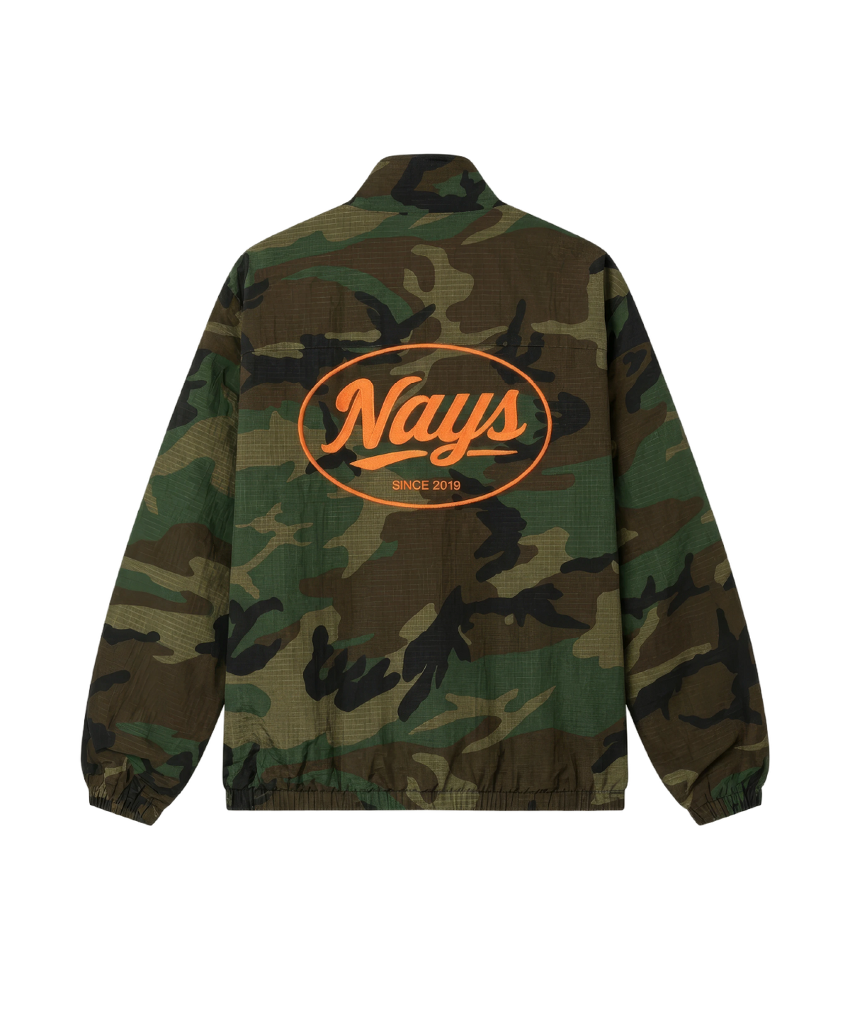 Nays Camouflage-Jacket – Rückansicht mit orangefarbenem Logo-Print.