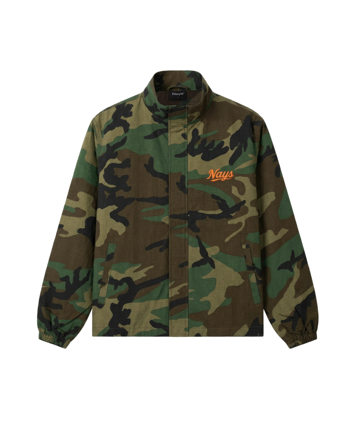 Nays Camouflage-Jacket mit Stehkragen – Vorderansicht mit orangefarbenem Brust-Logo.