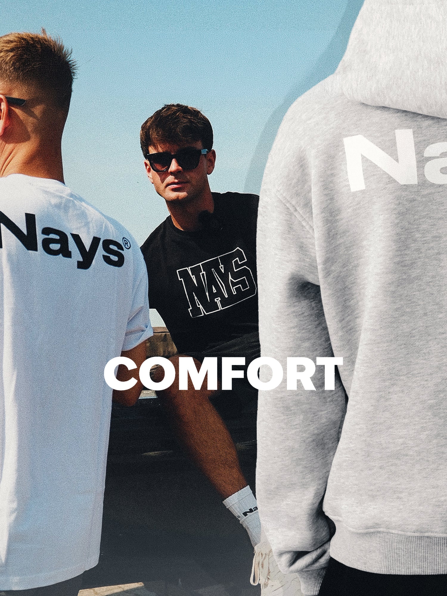 Dustin Schöne and Wecki  wearing NAYS comfort essentials, including hoodies, graphic tees and sweatwear. Relaxed fits and soft materials designed for everyday comfort and casual wear.