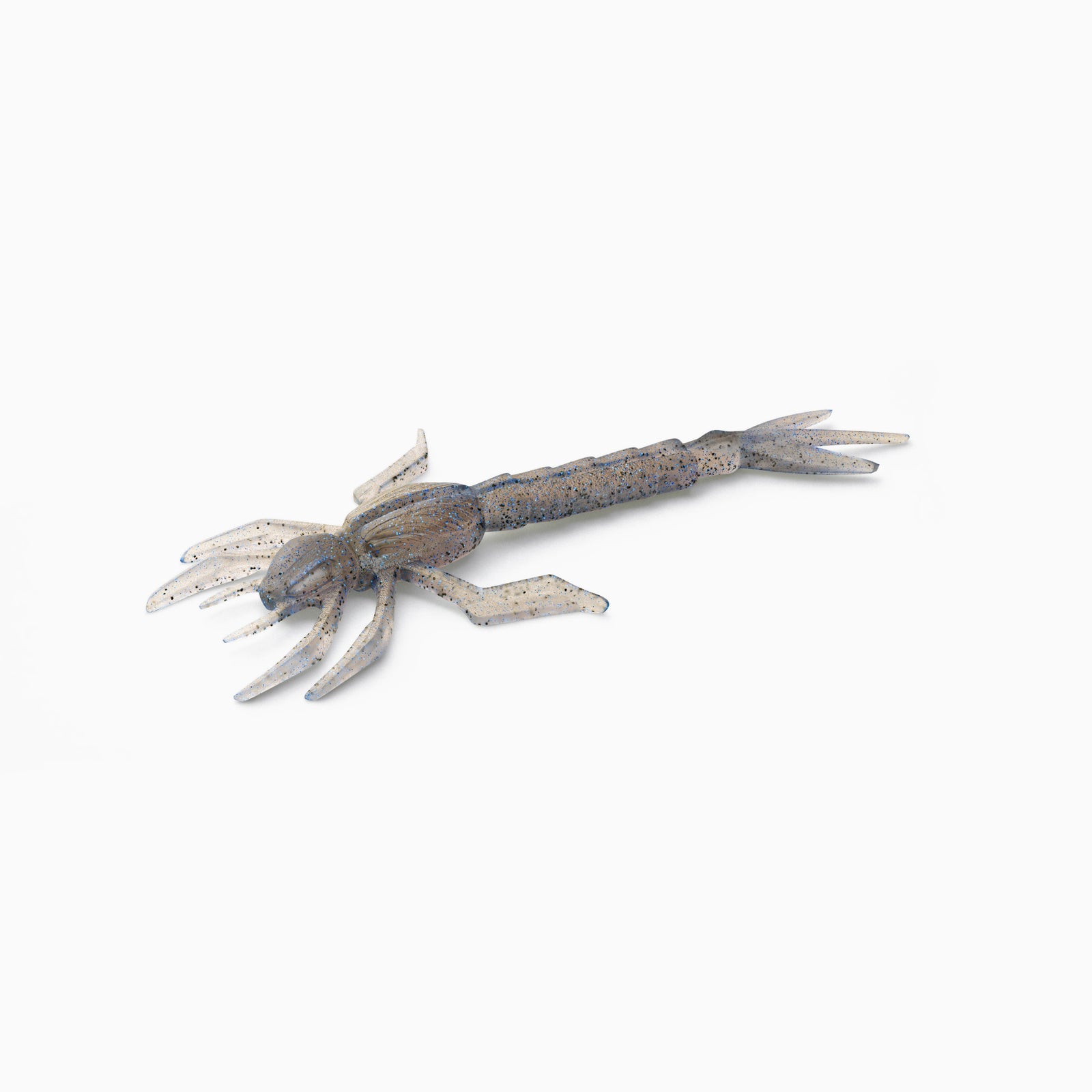 Das Bild zeigt unser neues Larven Imitat mit einem langen Schwanz, kurzen Fühlern und Beinchen, die feine Vibrationen im Wasser erzeugen. Der Körper ist in beinahe transparent gehalten. Kleinste schwarze und blaue Glitzer Partikel verleihen dem Köder zusätzlichen Glanz.