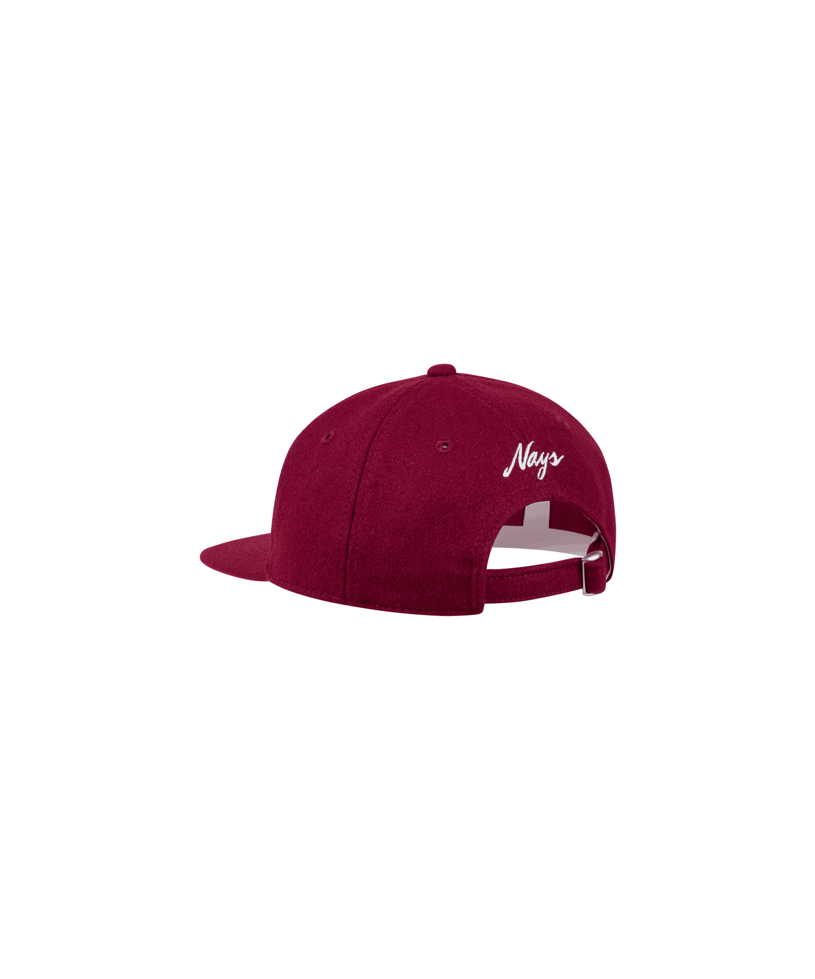 Rote Nays Felt Cap aus robustem Filz mit weißem Logo von hinten betrachtet, bietet stilvollen Tragekomfort und zeitloses Design, ideal für kühlere Tage oder als modisches Accessoire.