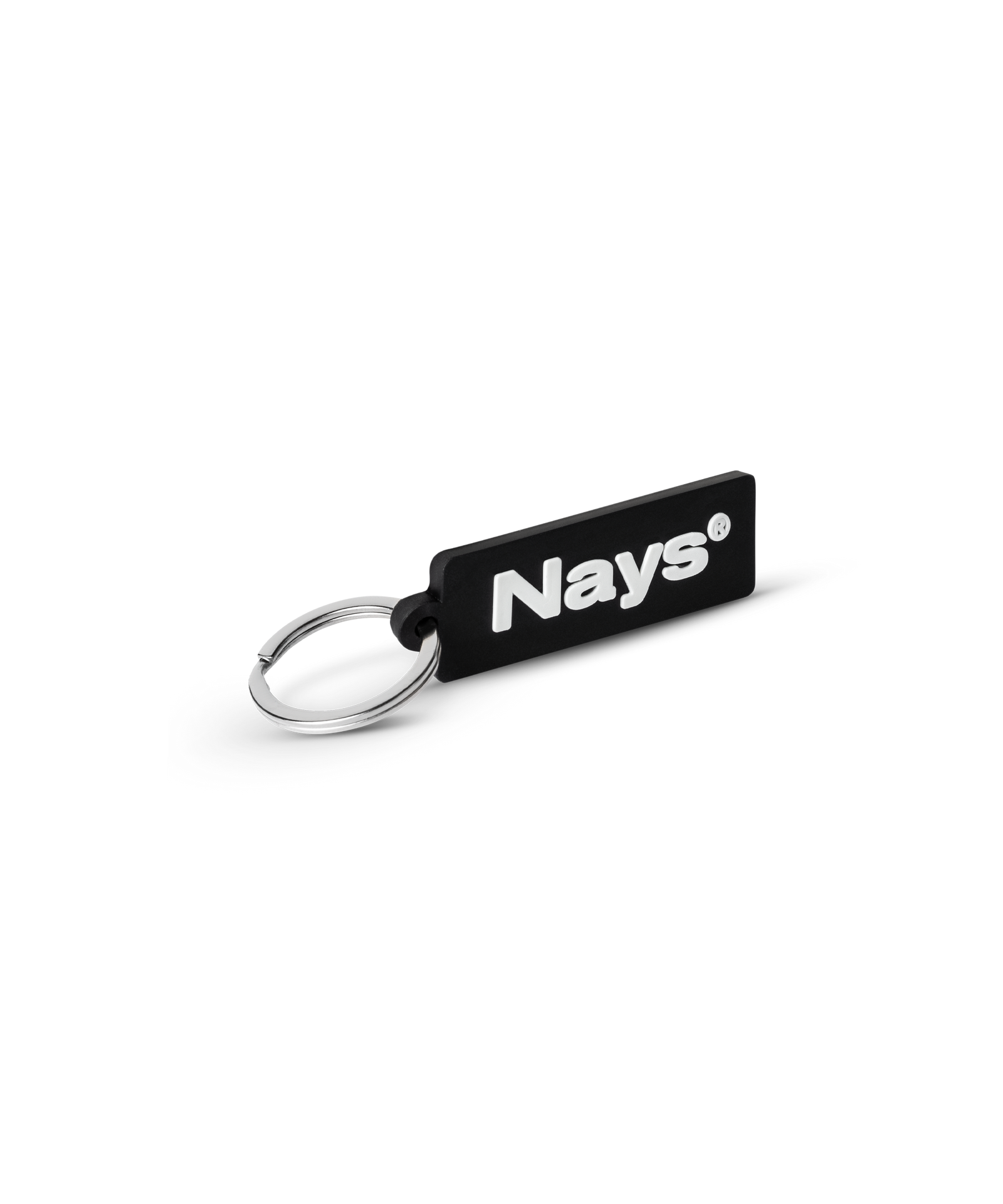 Nays Key Chain aus Gummi und Metall, modernes Design mit weißem Text auf schwarzem Hintergrund, langlebig und robust.