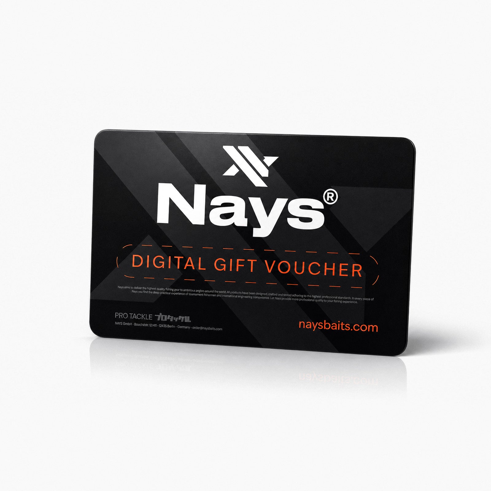 Nays Digital Gift Voucher in schwarzem Premium-Design mit orangefarbenen Akzenten und Nays Branding.