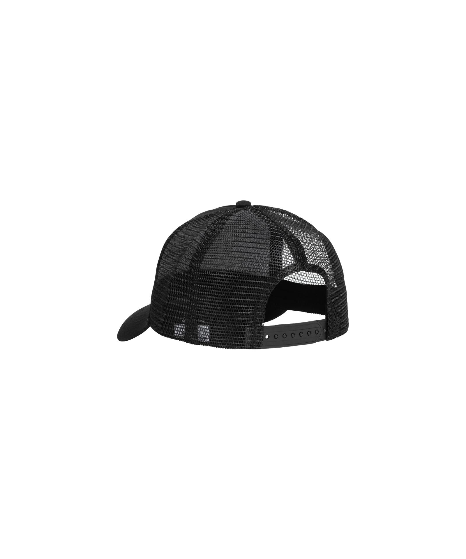 Das Bild zeigt eine schwarze Schirm-Mütze mit Mesh-Gewebe im gleichen Farbton. Der schwarze, größenverstellbare Riemen ist sichtbar.