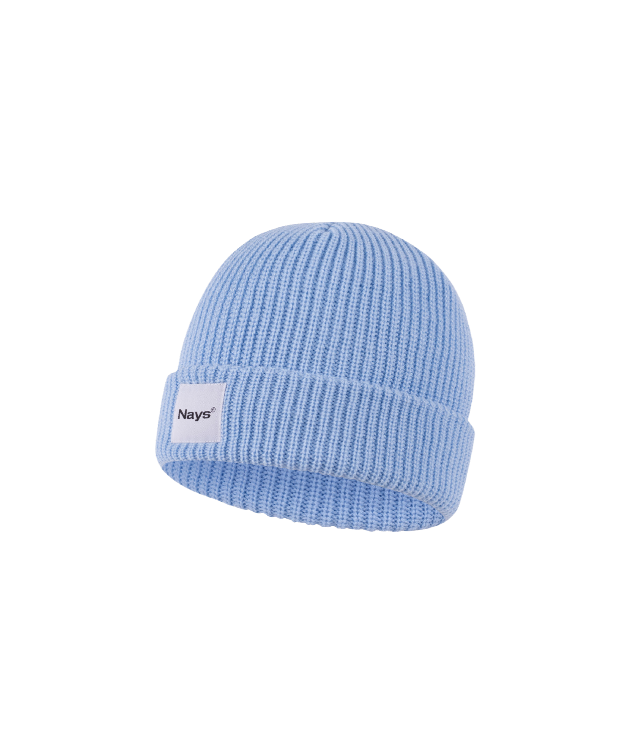 Hell-Blaue Strickmütze mit breitem Umschlag in der Seiten-Perspektive. Auf dem Umschlag ist mittig ein weißes Etikett mit der schwarzem Nays Logo Schriftzug.