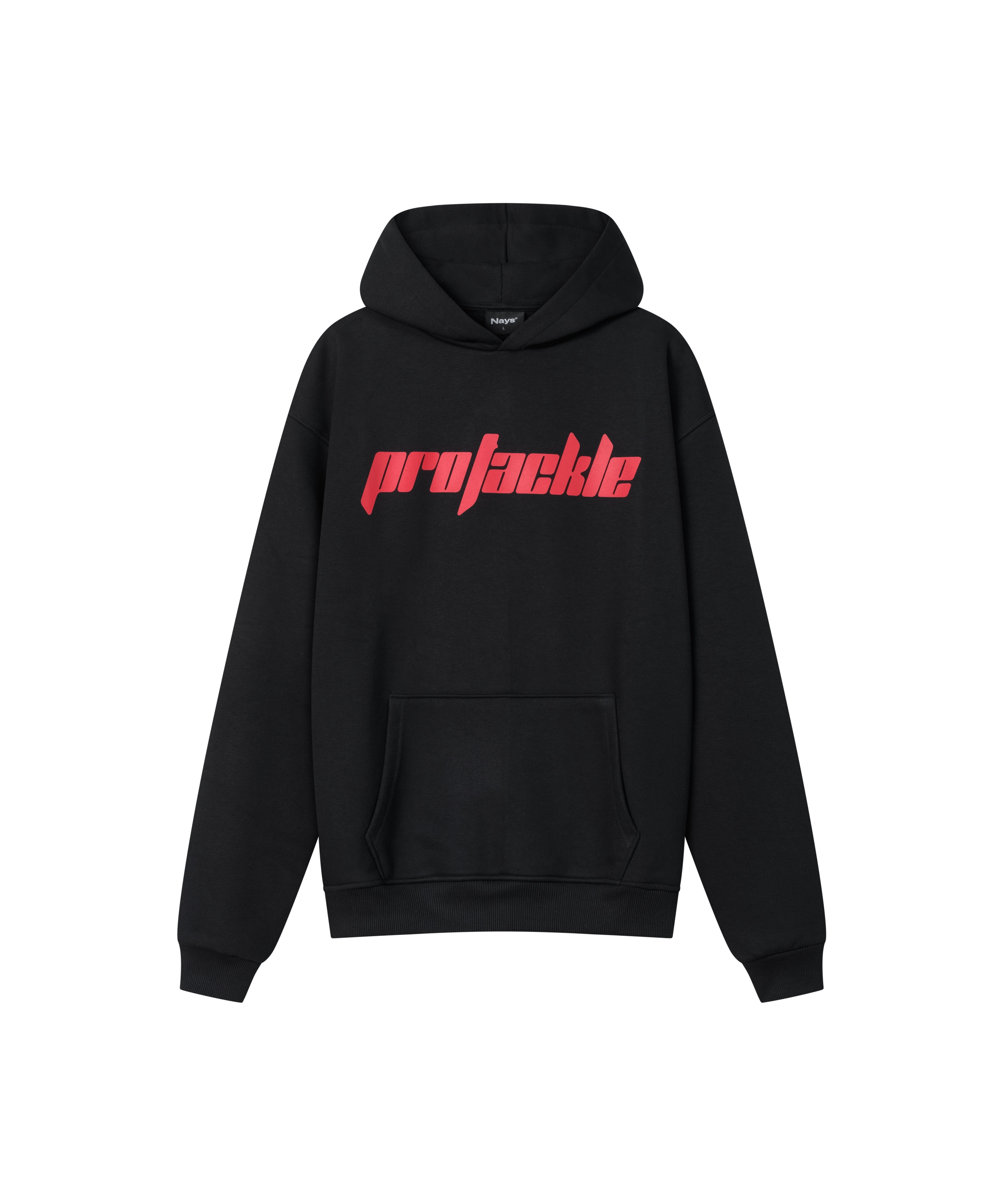 Schwarzer Nays Pro Tackle Hoodie mit rotem Print auf der Brust - Vorderansicht.