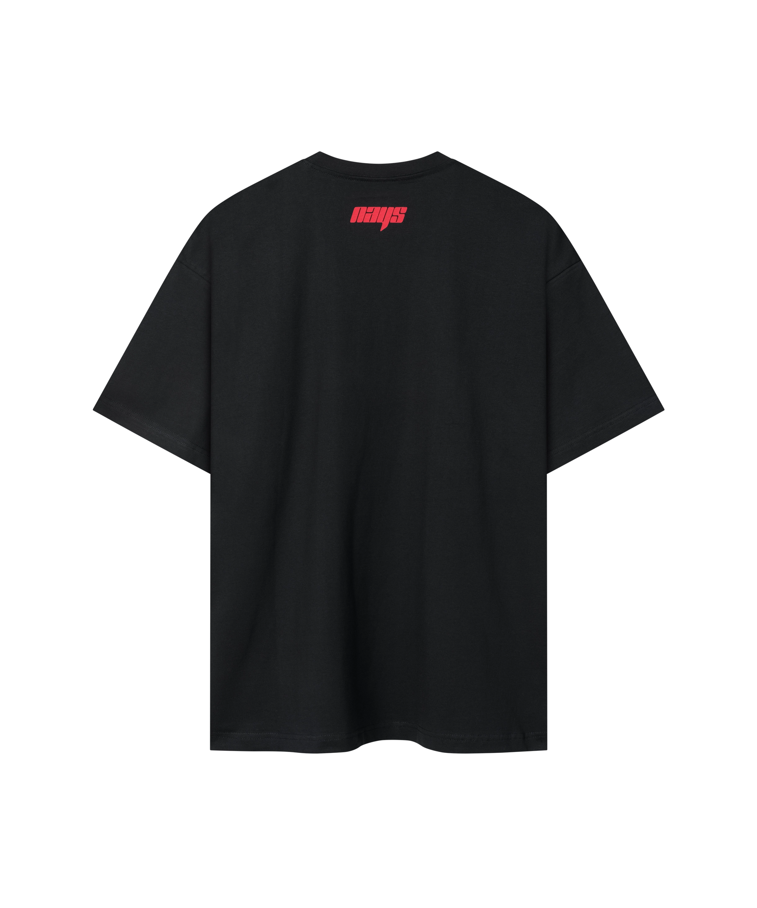 Schwarzes Nays Pro Tackle T-Shirt mit rotem Logo am Nacken - Rückansicht.