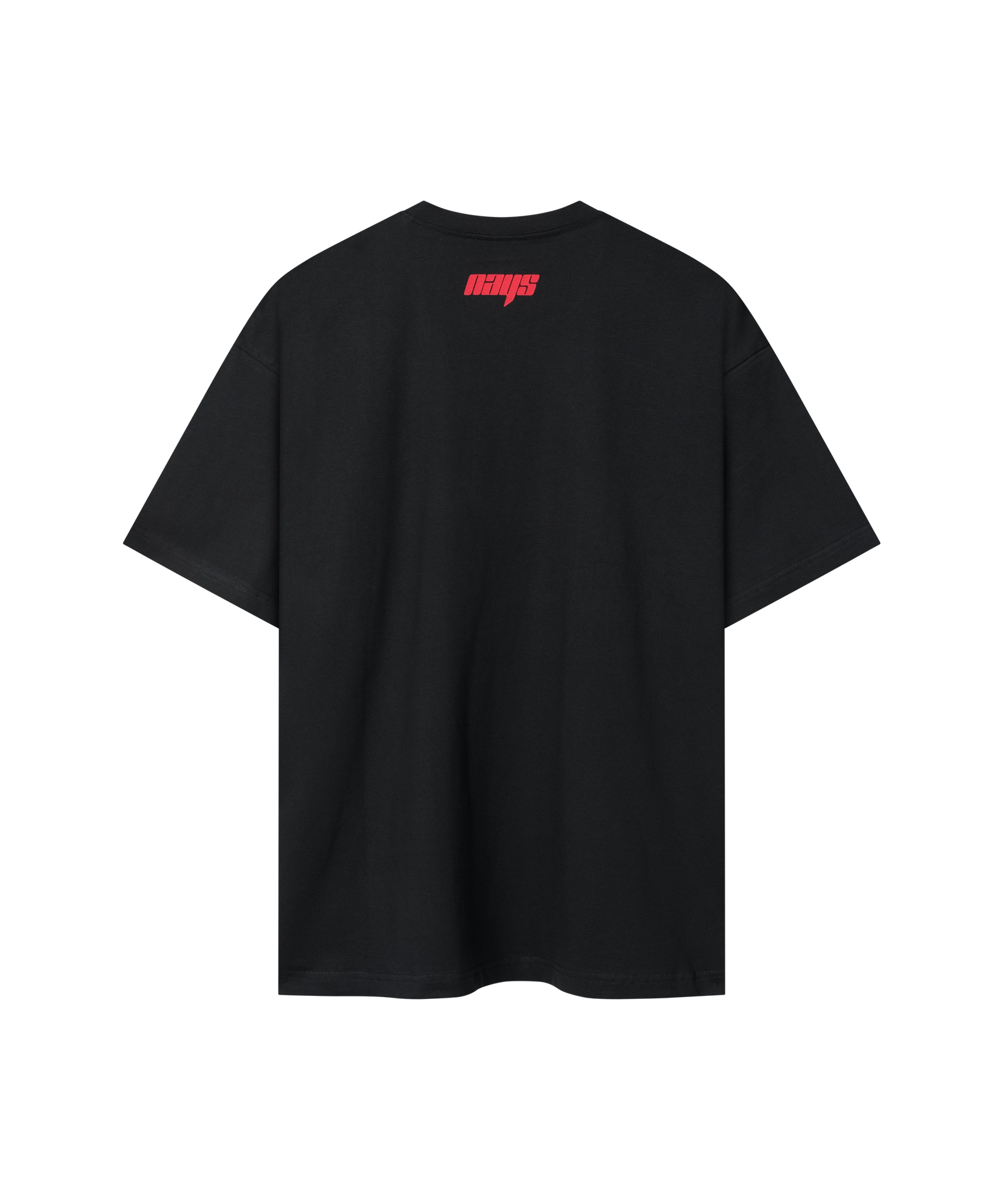Schwarzes Nays Pro Tackle T-Shirt mit rotem Logo am Nacken - Rückansicht.