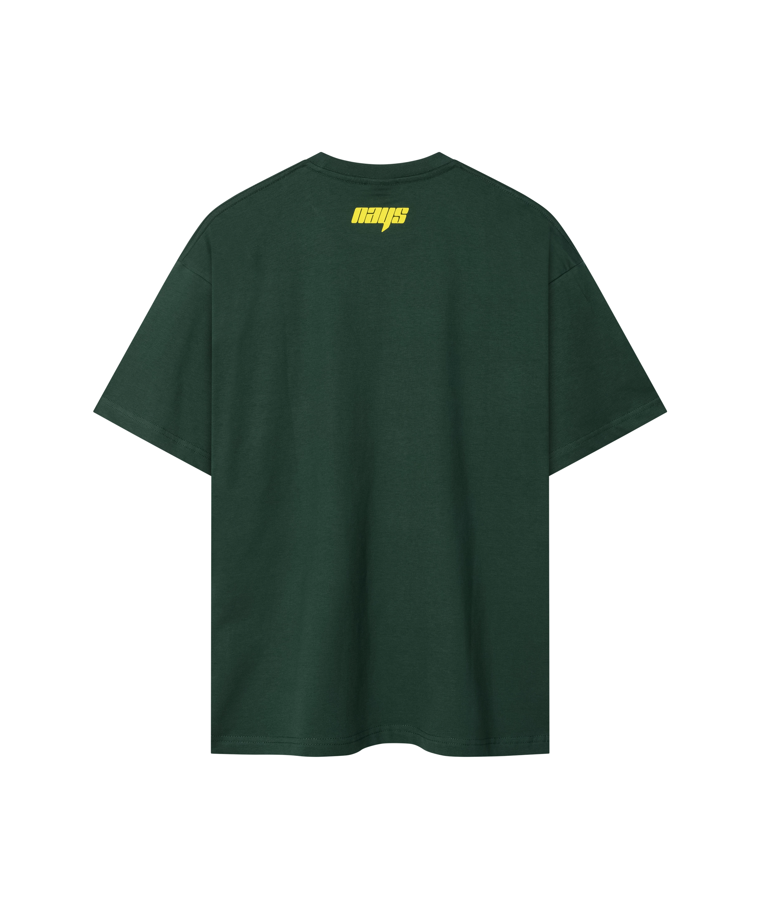 Dunkelgrünes Nays Pro Tackle T-Shirt mit gelbem Logo am Nacken - Rückansicht.