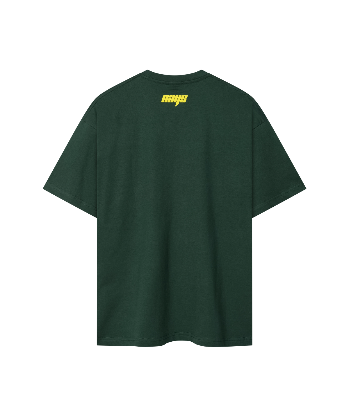 Dunkelgrünes Nays Pro Tackle T-Shirt mit gelbem Logo am Nacken - Rückansicht.