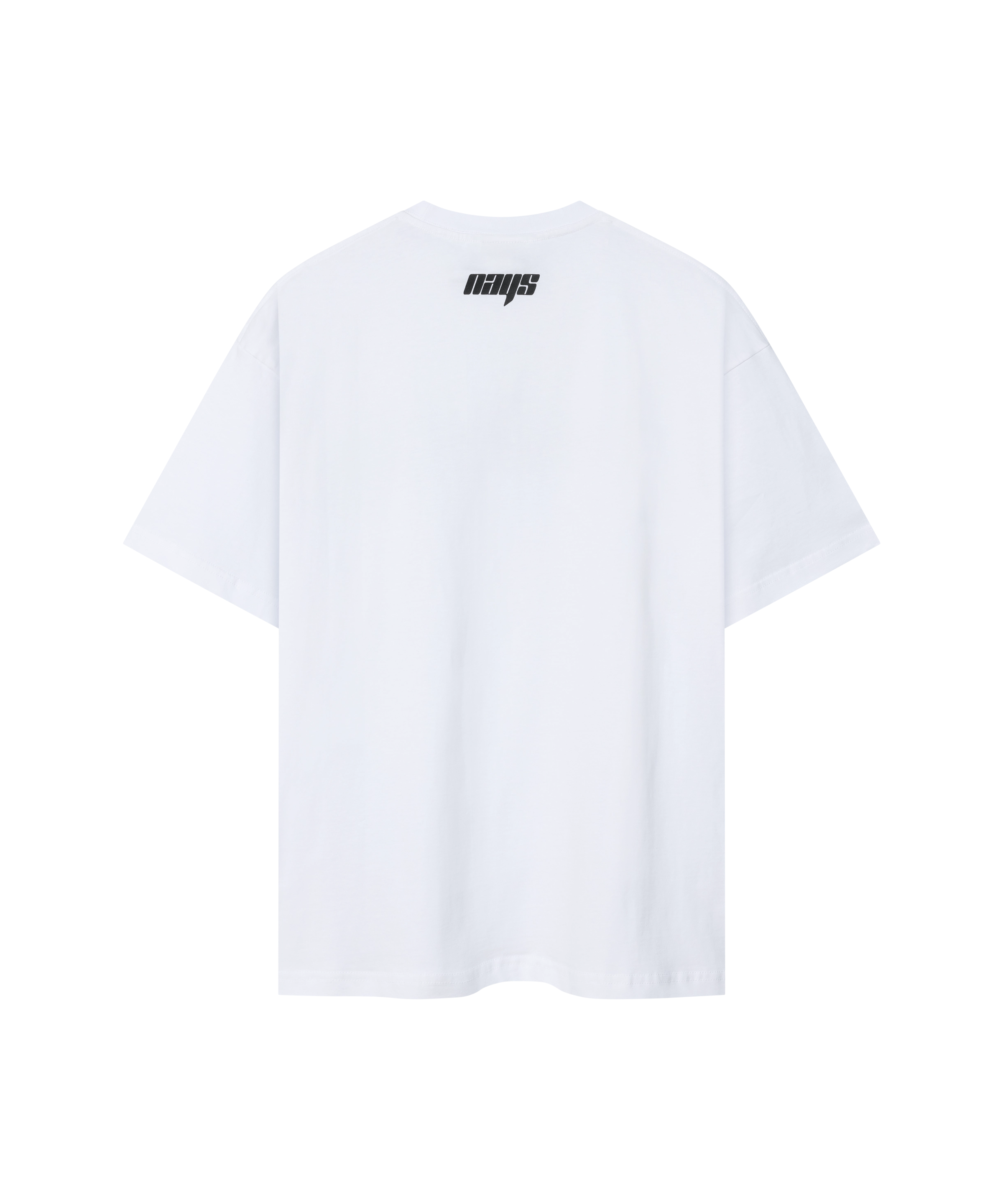 Weißes Nays Pro Tackle T-Shirt mit schwarzem Logo am Nacken - Rückansicht.