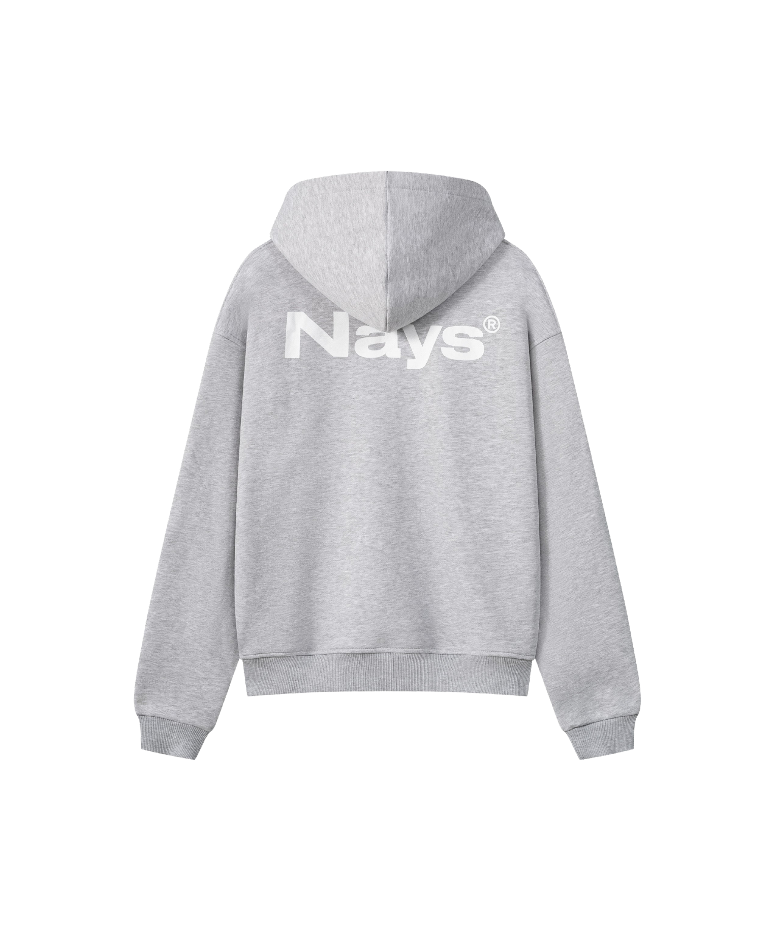 Ein hell-grauer Kapuzen-Pullover mit großem weißen Logo-Schriftzug auf dem Rücken.