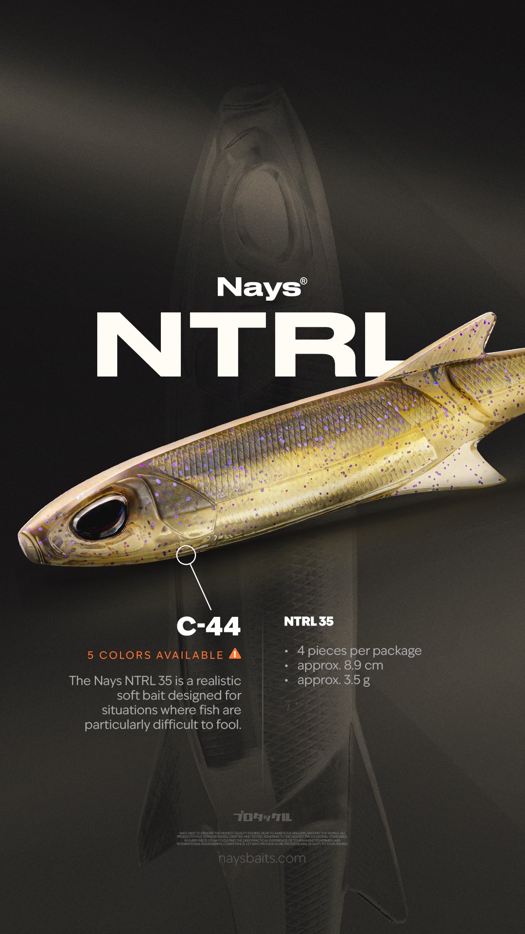 Nays NTRL 35 Softbait Gummifisch in der Farbe C-44 Gold-Transparent mit lila Glitterpartikeln, Produktpräsentation mit Spezifikationen zu Länge und Gewicht.