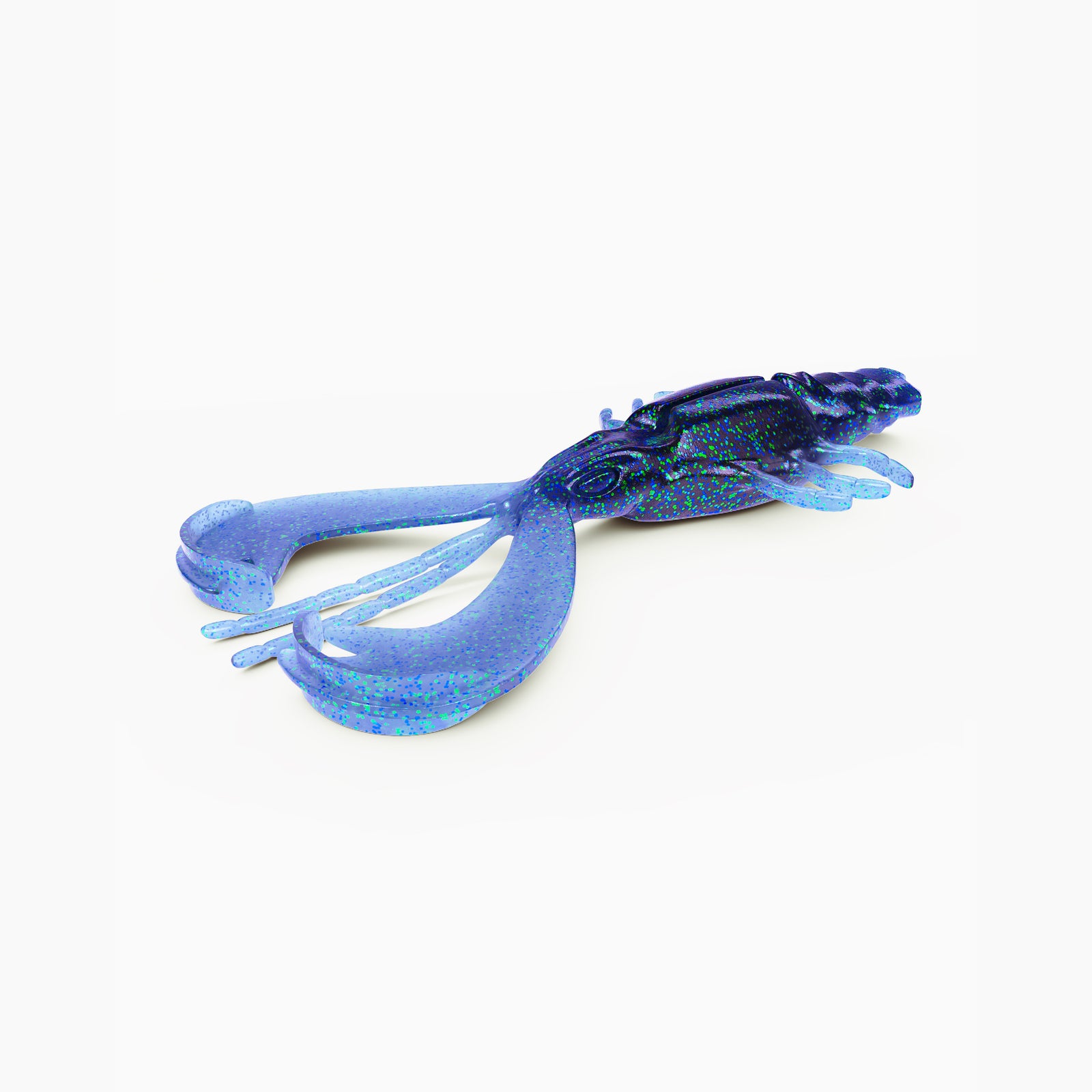 Das Bild zeigt einen Gummi Köder, der einen Krebs imitiert. Deutlich zu erkennen sind großen Scheren, lange Fühler und Beinchen. Der Körper ist leuchtend blau mit blauen und grünen Partikeln während die hell-blauen Scheren und Beinchen zusätzlichen Kontrast verleihen.
