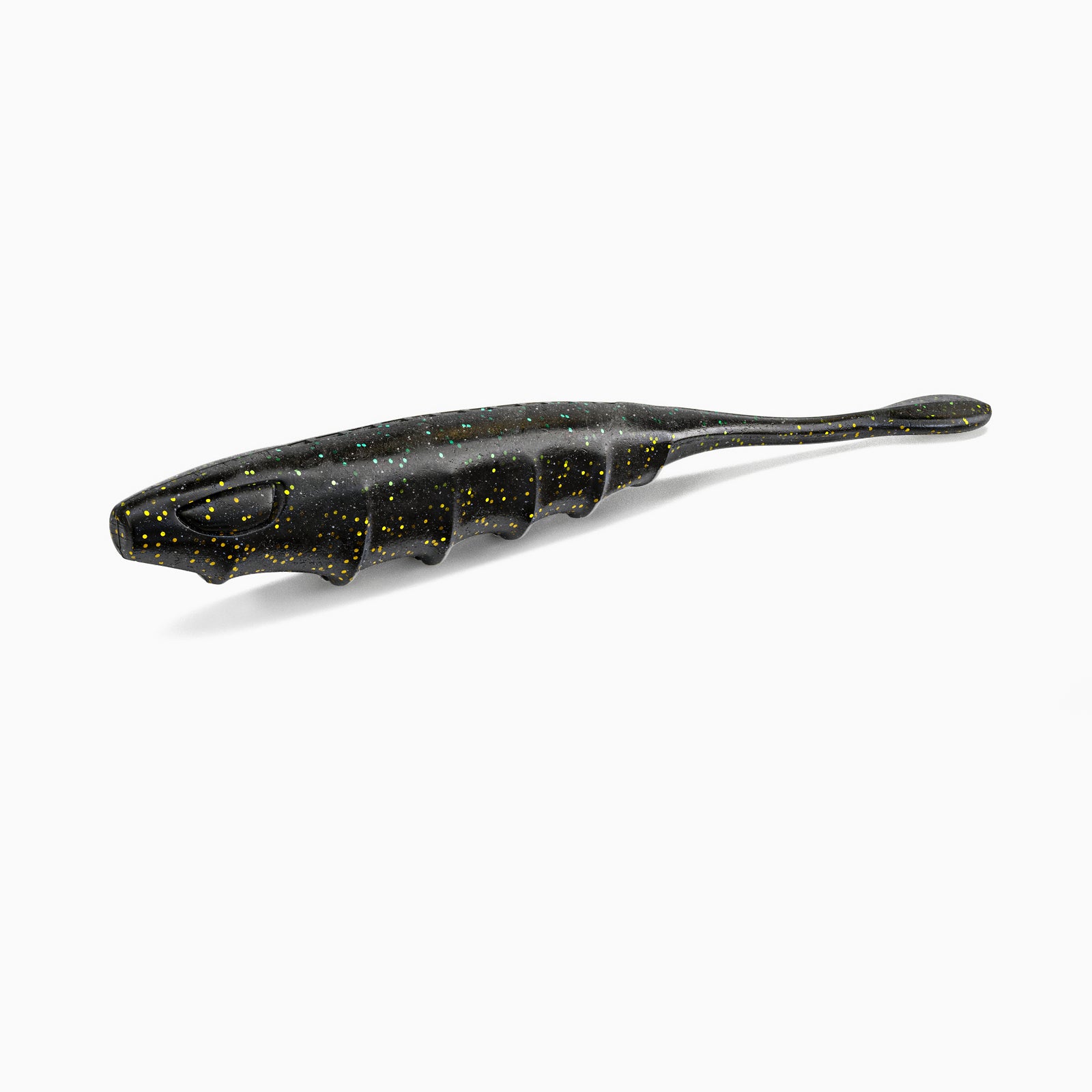 Das Bild zeigt unseren Pin-Tail-Gummiköder mit realistischem Augen-Design und typischer Rippenstruktur. Der Körper ist schwarz, hell-blaue und goldene Partikel bilden einen Kontrast.