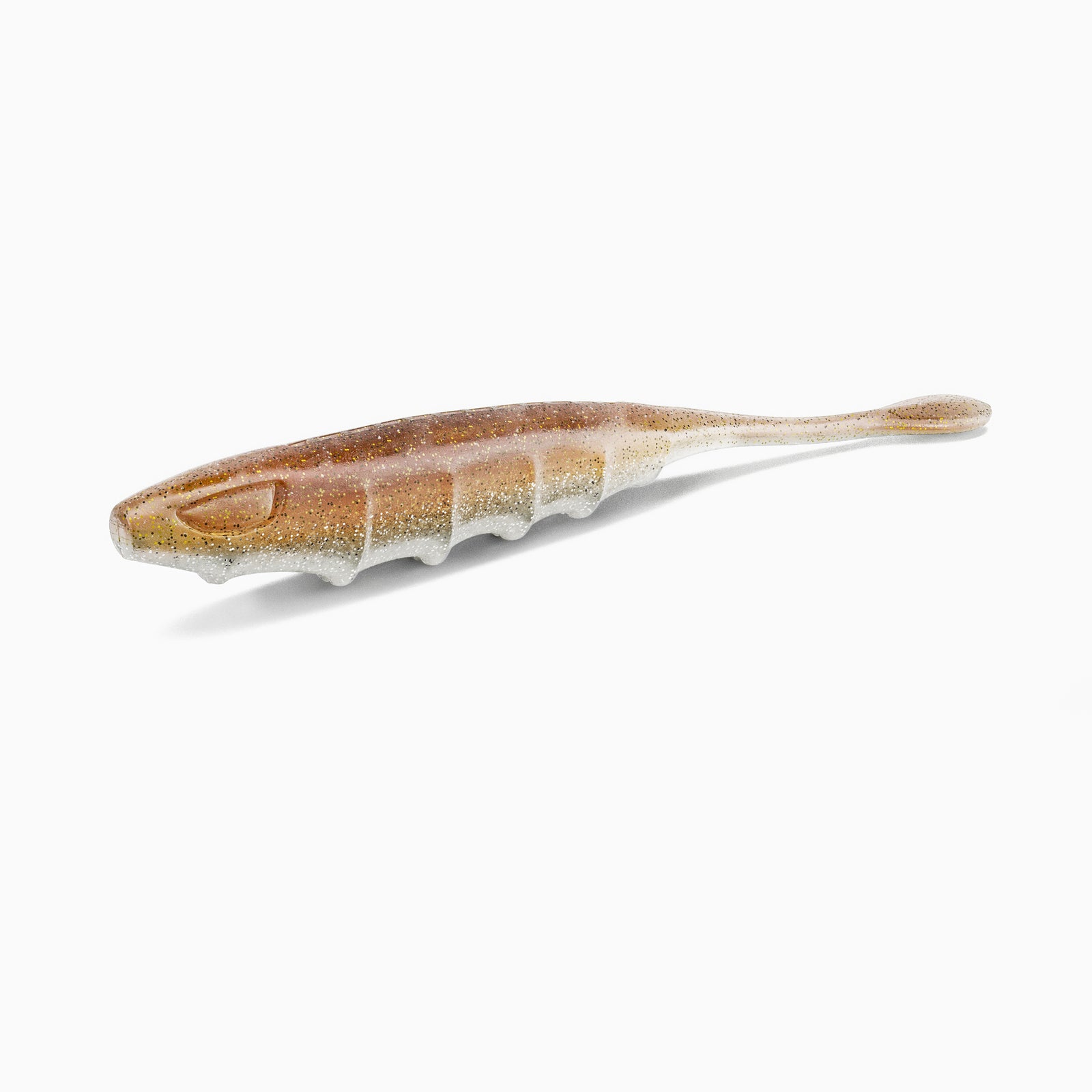 Das Bild zeigt unseren Pin-Tail-Gummiköder mit realistischem Augen-Design und typischer Rippenstruktur. Der Körper ist in gold-orange gehalten, während der Bauch einen hellen Kontrast mit glitzernden Partikeln bildet.