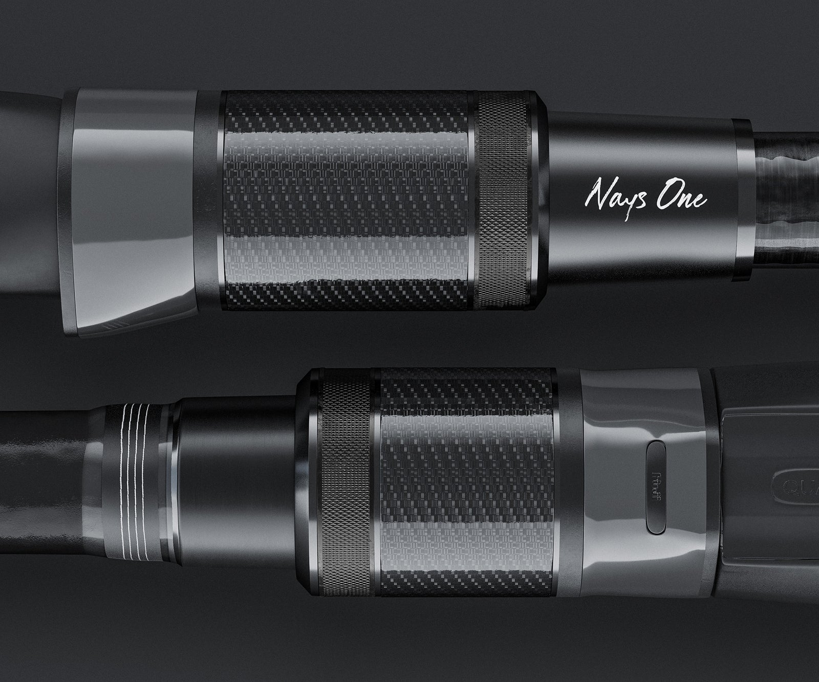 Das Bild zeigt eine Detailansicht der zweigeteilten Nays One Spinn-Angelrute. Oben ist der Rollenhalter der Spinn-Rute zu sehen - unten der Rollenhalter der Casting -Rute. Die Carbon-Optik des Verschluss-Ringes beider Rollenhalter kommt besonders zur Geltung.