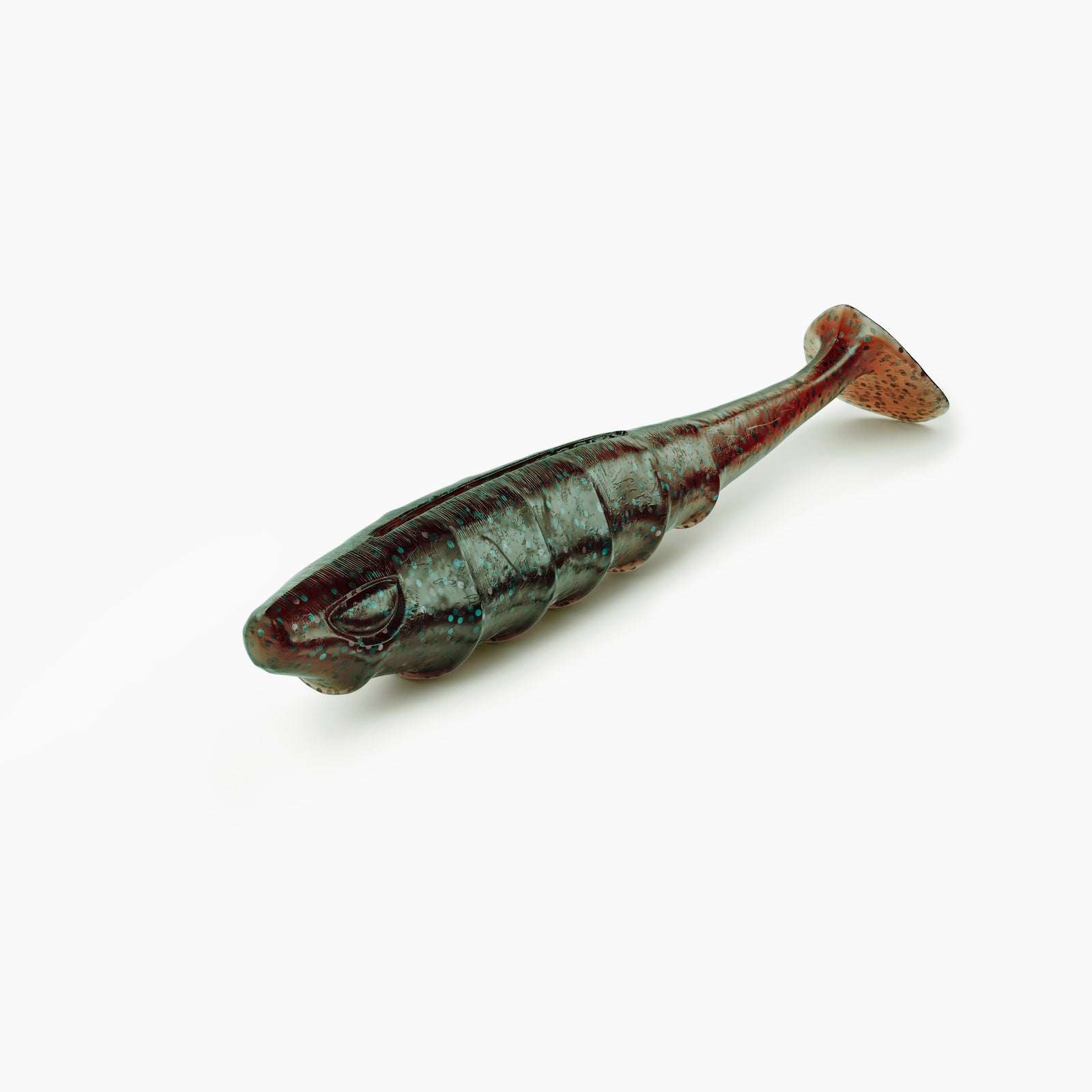 Das Bild zeigt einen Paddle-Tail-Gummiköder mit realistischem Augen-Design und typischer Rippenstruktur. Der Körper ist in Motor Öl gehalten, hell-blaue Partikel bilden einen Kontrast.