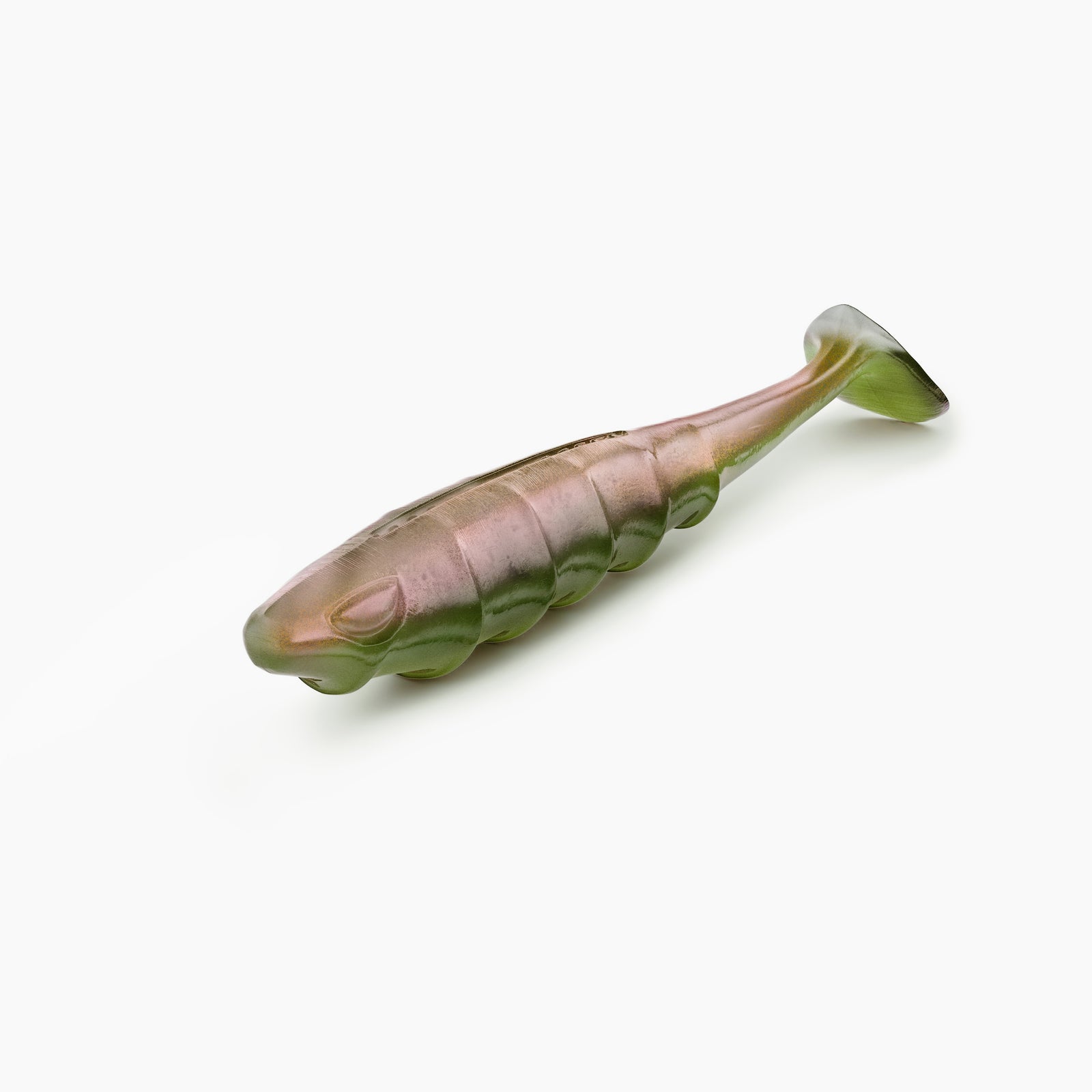 Das Bild zeigt einen Paddle-Tail-Gummiköder mit realistischem Augen-Design und typischer Rippenstruktur. Der Körper ist semi-transparent gehalten, während der Bauch einen hell-grünen Kontrast bildet.