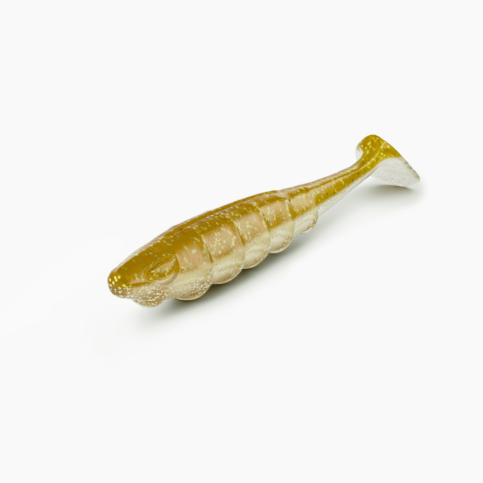 Das Bild zeigt einen Paddle-Tail-Gummiköder mit realistischem Augen-Design und typischer Rippenstruktur. Der Körper ist in gold gehalten, während der Bauch einen hellen Kontrast mit goldenen Glitzer Partikeln bildet.