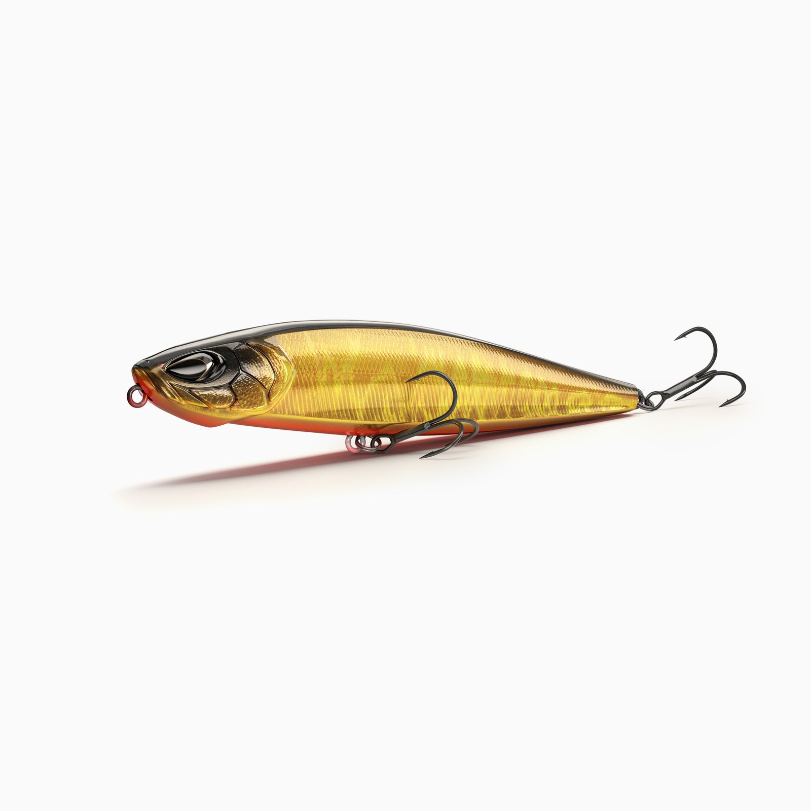 Nays Oberflächen Angel Köder in glänzendem Gold mit orangefarbenem Bauch – ideal für Barsch, Rapfen und Hecht. Perfekt für trübes Wasser. 