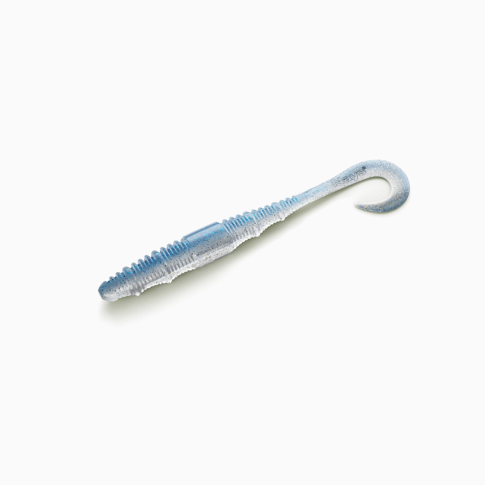 Das Bild zeigt einen Gummi Köder, der an einen Wurm mit kleinem Twister-Schwanz erinnert. Der Körper ist in hell-blau gehalten, während der Bauch einen weißen Kontrast mit goldenen Partikeln bildet.