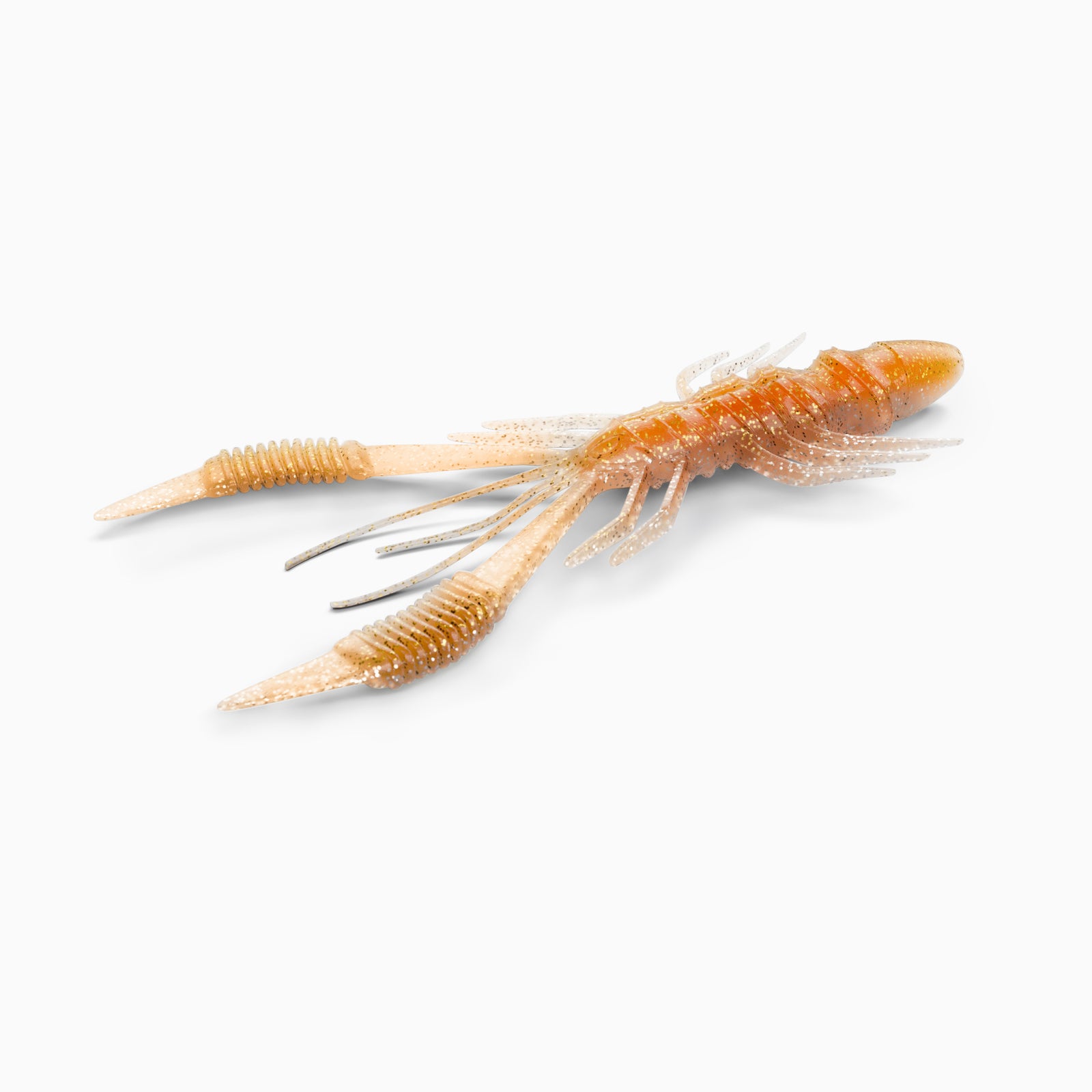 Das Bild zeigt einen Gummi Köder, der ein Insekt imitiert. Deutlich zu erkennen sind großen Scheren, lange Fühler und Beinchen. Der Körper ist orange-gelb mit goldenen und dunklen Partikeln.