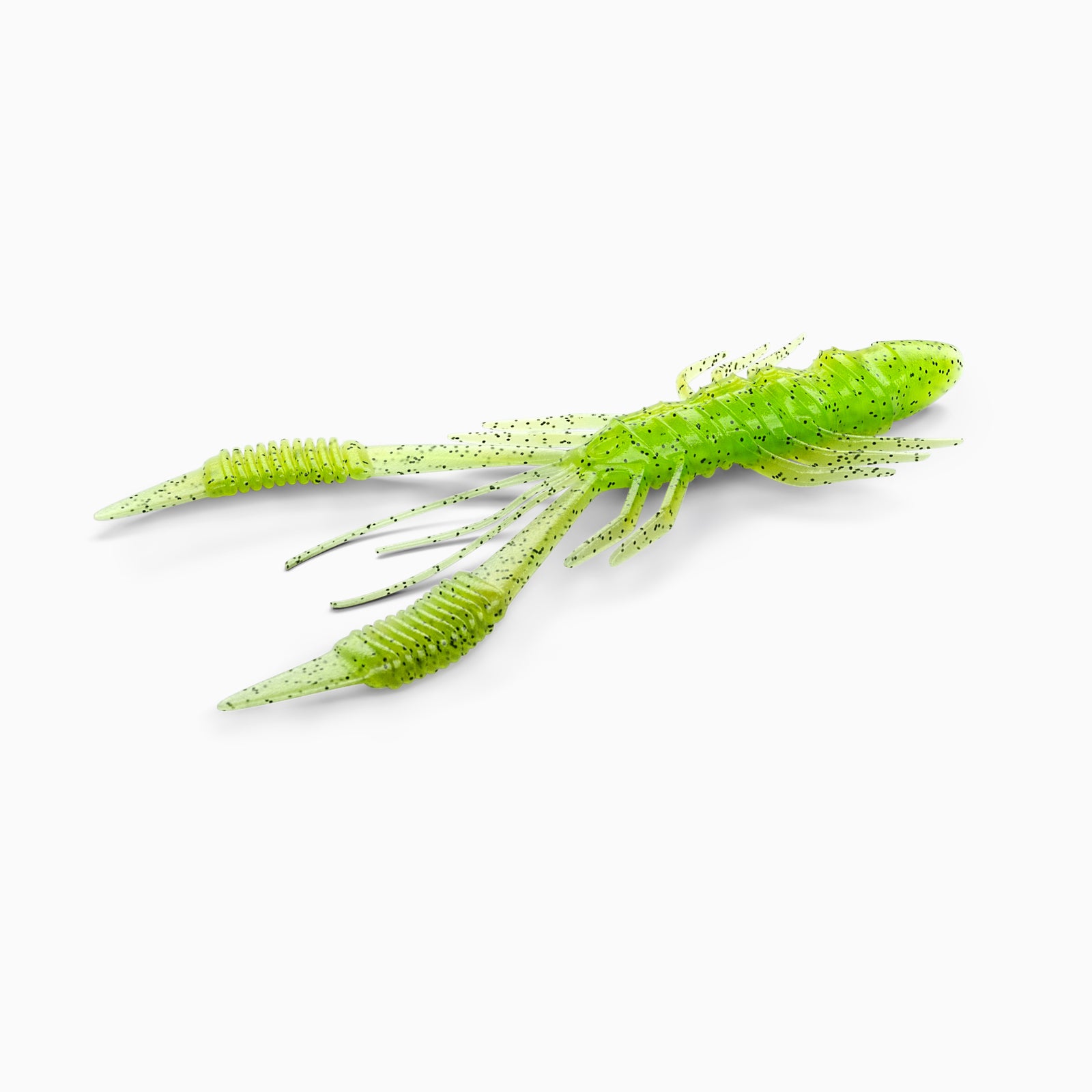 Das Bild zeigt einen Gummi Köder, der ein Insekt imitiert. Deutlich zu erkennen sind großen Scheren, lange Fühler und Beinchen. Der Körper ist auffällig grell-grün mit schwarzen Partikeln.
