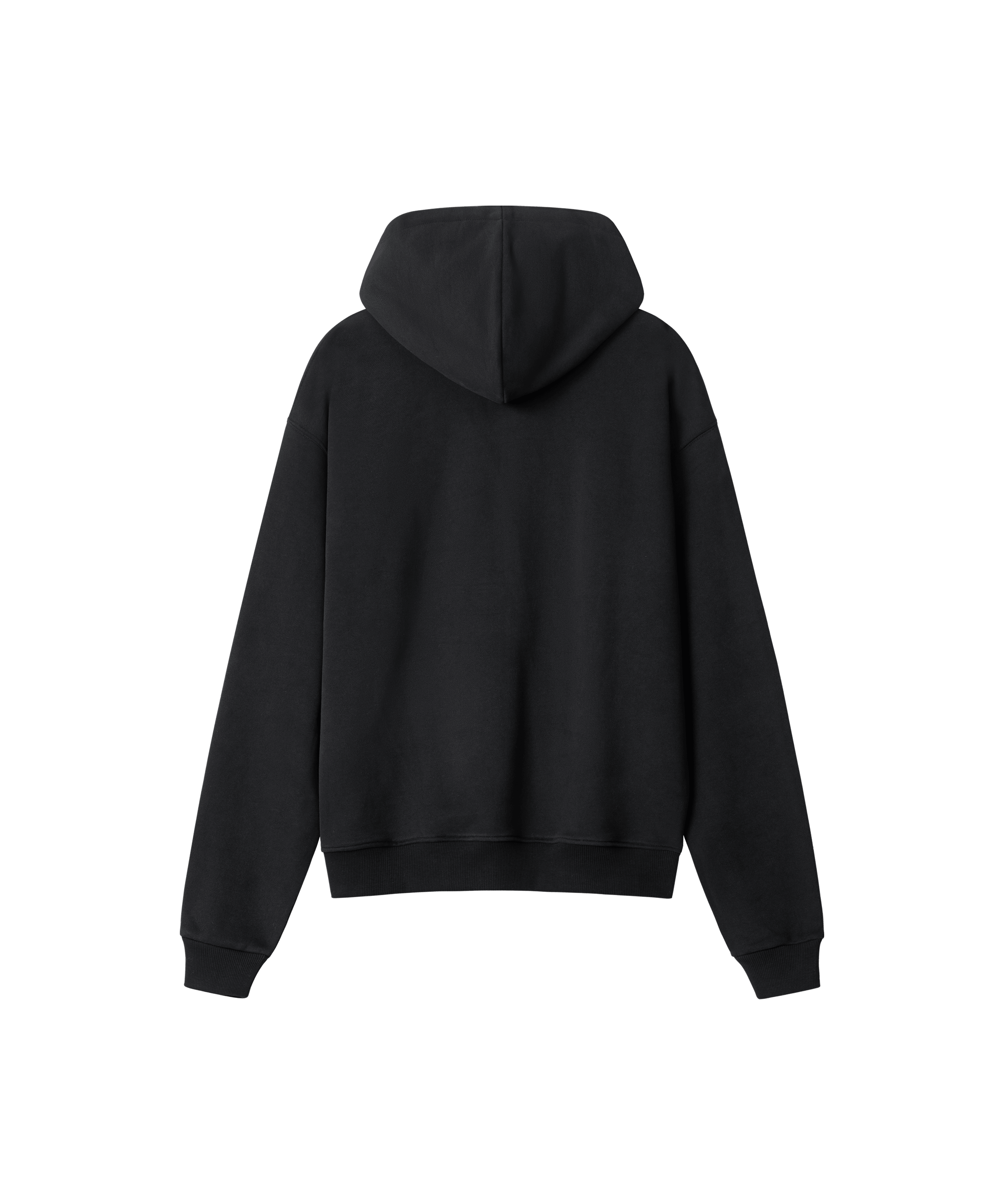 Die Rückseite eines Hoodies mit Reißverschluss in schwarz. Das Kapuzen-Sweatshirt ist locker geschnitten und hab einen Ribbund am Ärmel und Saum.