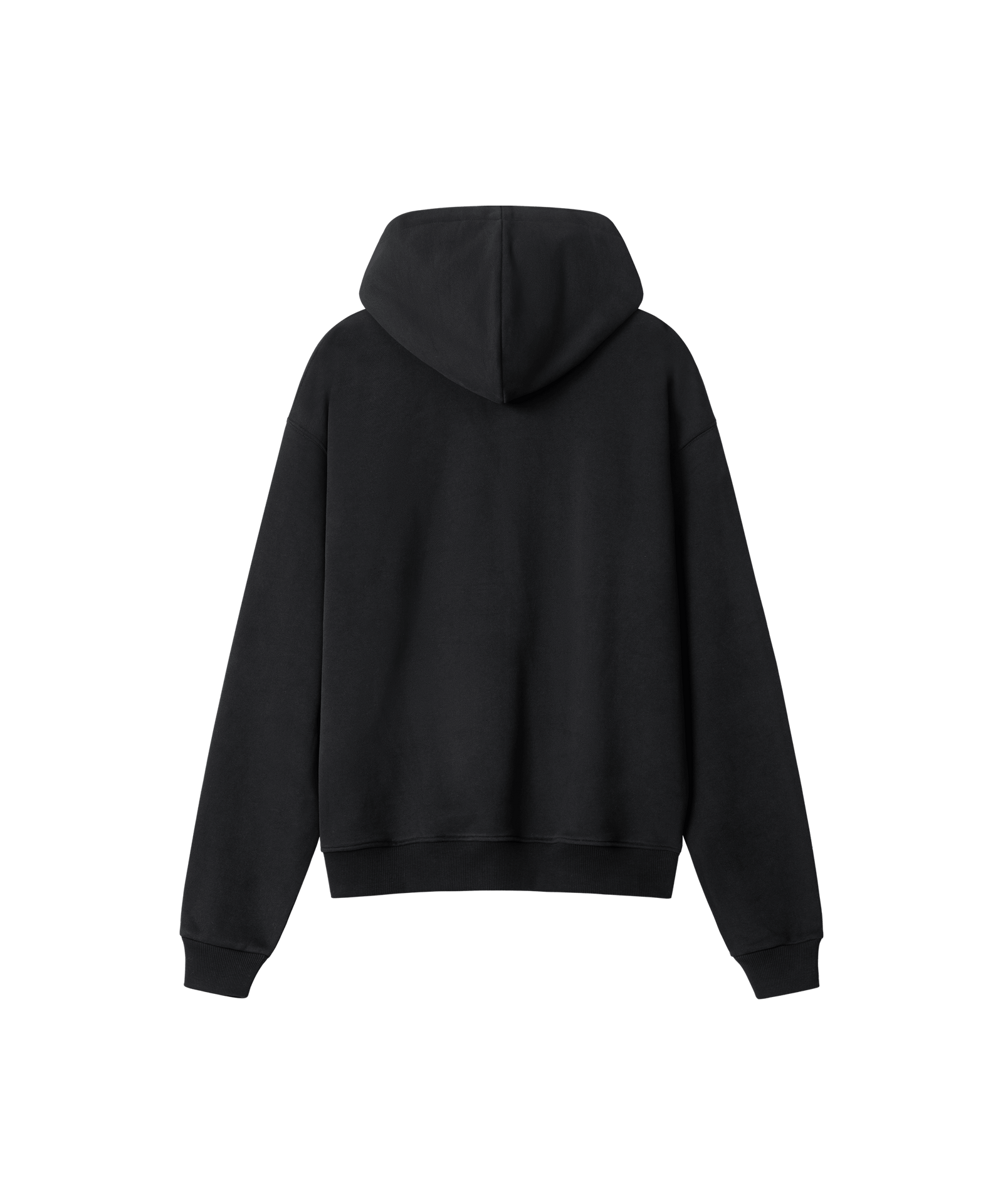 Die Rückseite eines Hoodies mit Reißverschluss in schwarz. Das Kapuzen-Sweatshirt ist locker geschnitten und hab einen Ribbund am Ärmel und Saum.