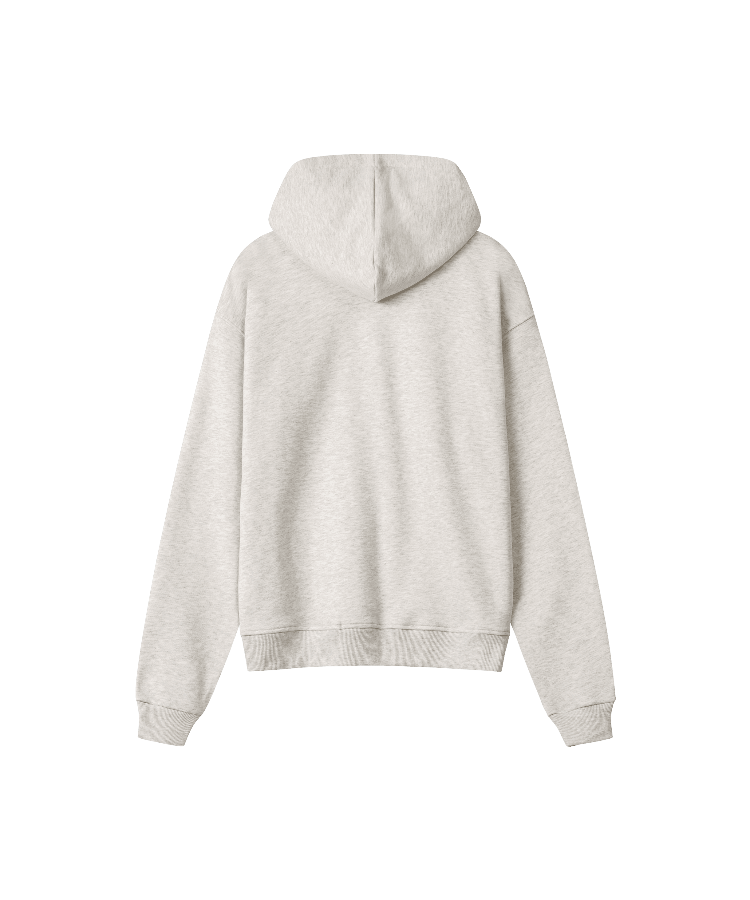 Die Rückseite eines Hoodies mit Reißverschluss in grau melange. Das Kapuzen-Sweatshirt ist locker geschnitten und hab einen Ribbund am Ärmel und Saum.