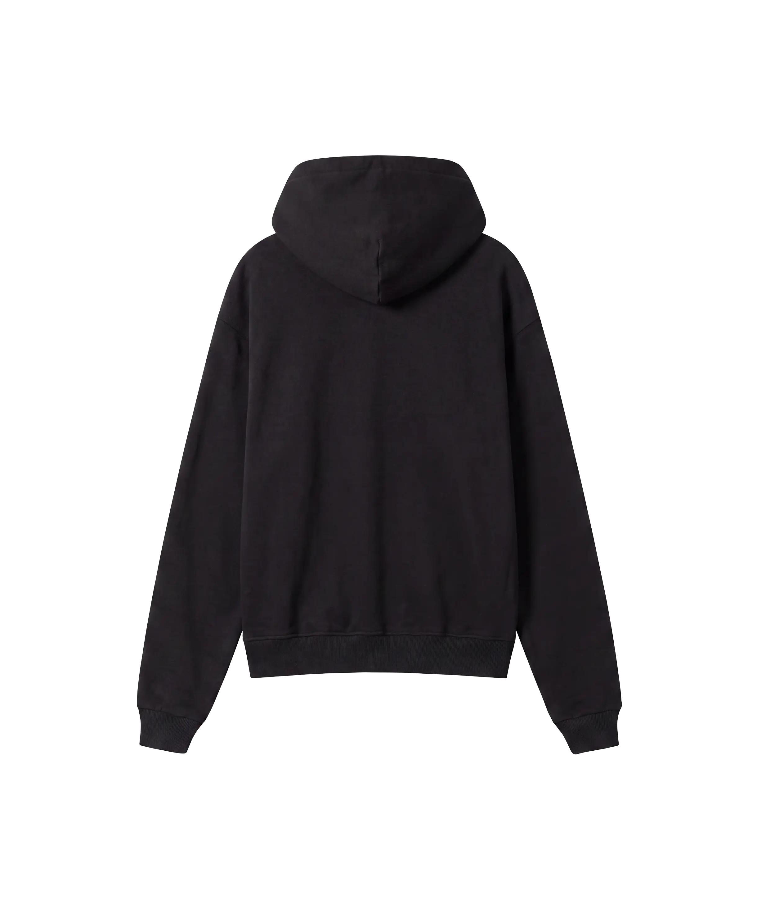 Die Rückseite eines Hoodies mit Reißverschluss in washed grau. Das Kapuzen-Sweatshirt ist locker geschnitten und hab einen Ribbund am Ärmel und Saum.