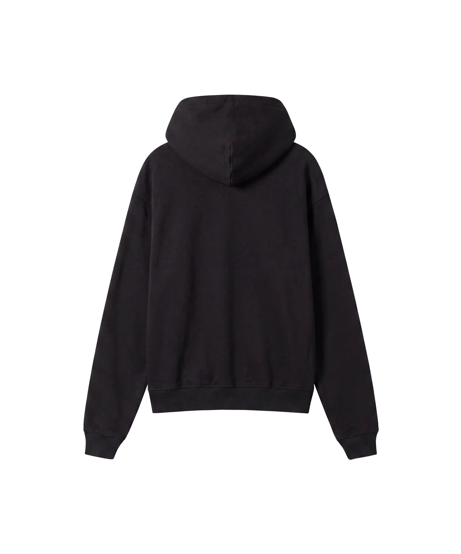 Die Rückseite eines Hoodies mit Reißverschluss in washed grau. Das Kapuzen-Sweatshirt ist locker geschnitten und hab einen Ribbund am Ärmel und Saum.