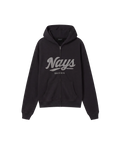 Die Vorderanicht eines Hoodies mit Reißverschluss in washed grau . Das Kapuzen-Sweatshirt hat seitliche Eingriffstaschen und ein verwaschenes Nays Logo auf der Front.