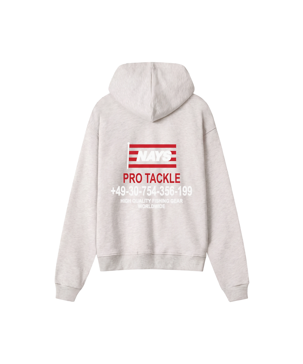 Nays Pro Tackle Hoodie in Hellgrau – Rückansicht mit rotem Logo- und Telefonnummer-Aufdruck.