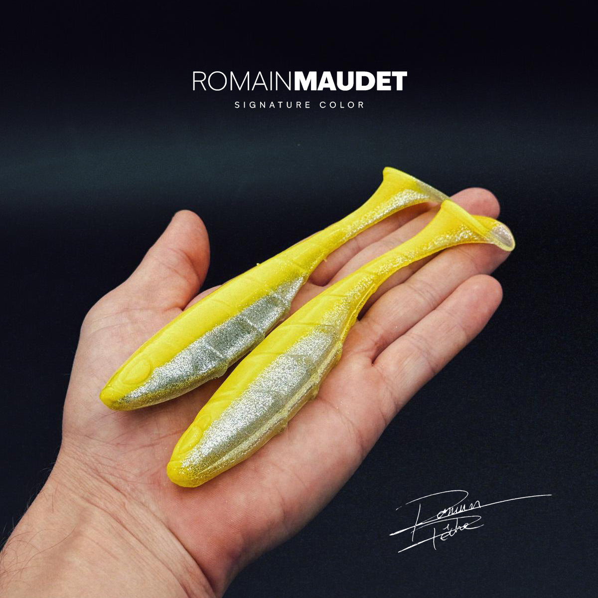 Hand hält zwei weiche Nays VNM 65 - Romain Pêche Köder in Chartreuse-Silber, mit Text ROMAIN MAUDET – SIGNATURE COLOR darüber, signiert unten rechts.