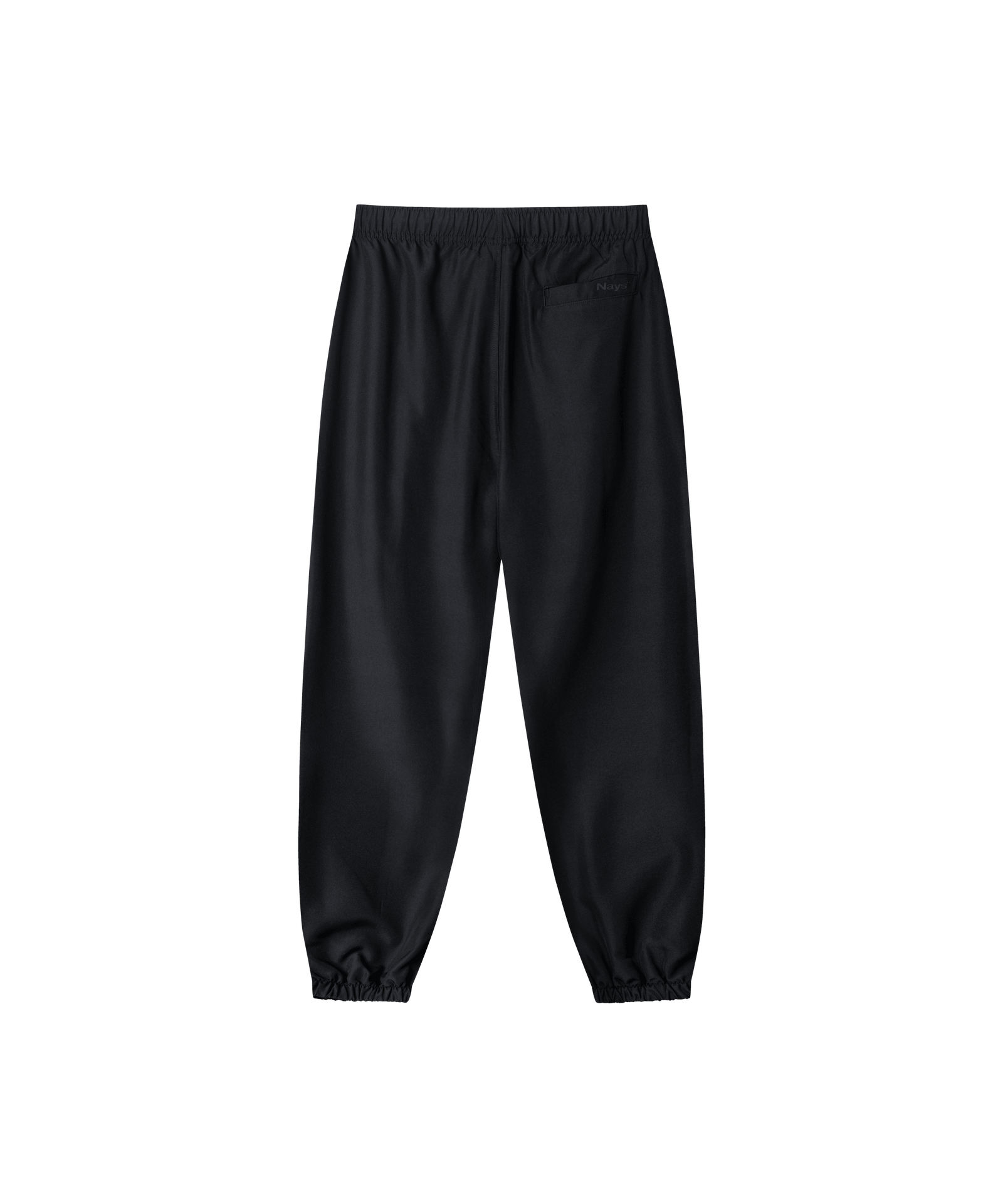Schwarze Nays Summer Pants aus leichtem, atmungsaktivem Material in der Rückansicht. Ideal geschnitten für vielseitige Outfits. Perfekt für Alltag, Büro und Freizeit. Rechts Gesäß-Tasche mit tonalem Logo.