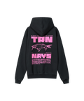 Schwarzer Herren-Hoodie, Rückansicht mit knallpinkem Nays TRN Baits Köder-Print.