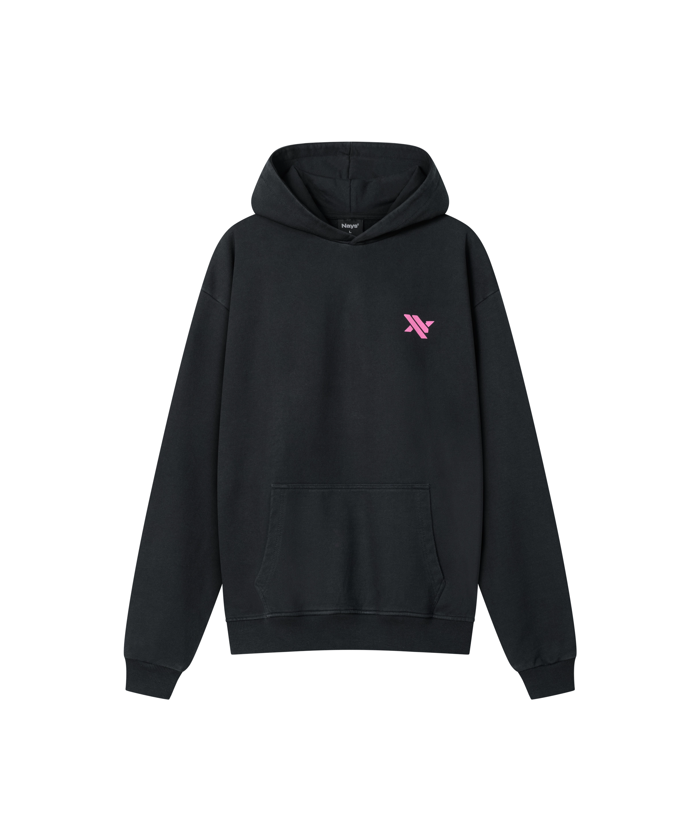 Schwarzer Kapuzenpullover für Herren, Vorderansicht mit pinkem Nays-Logo auf der linken Brust und Kängurutasche.