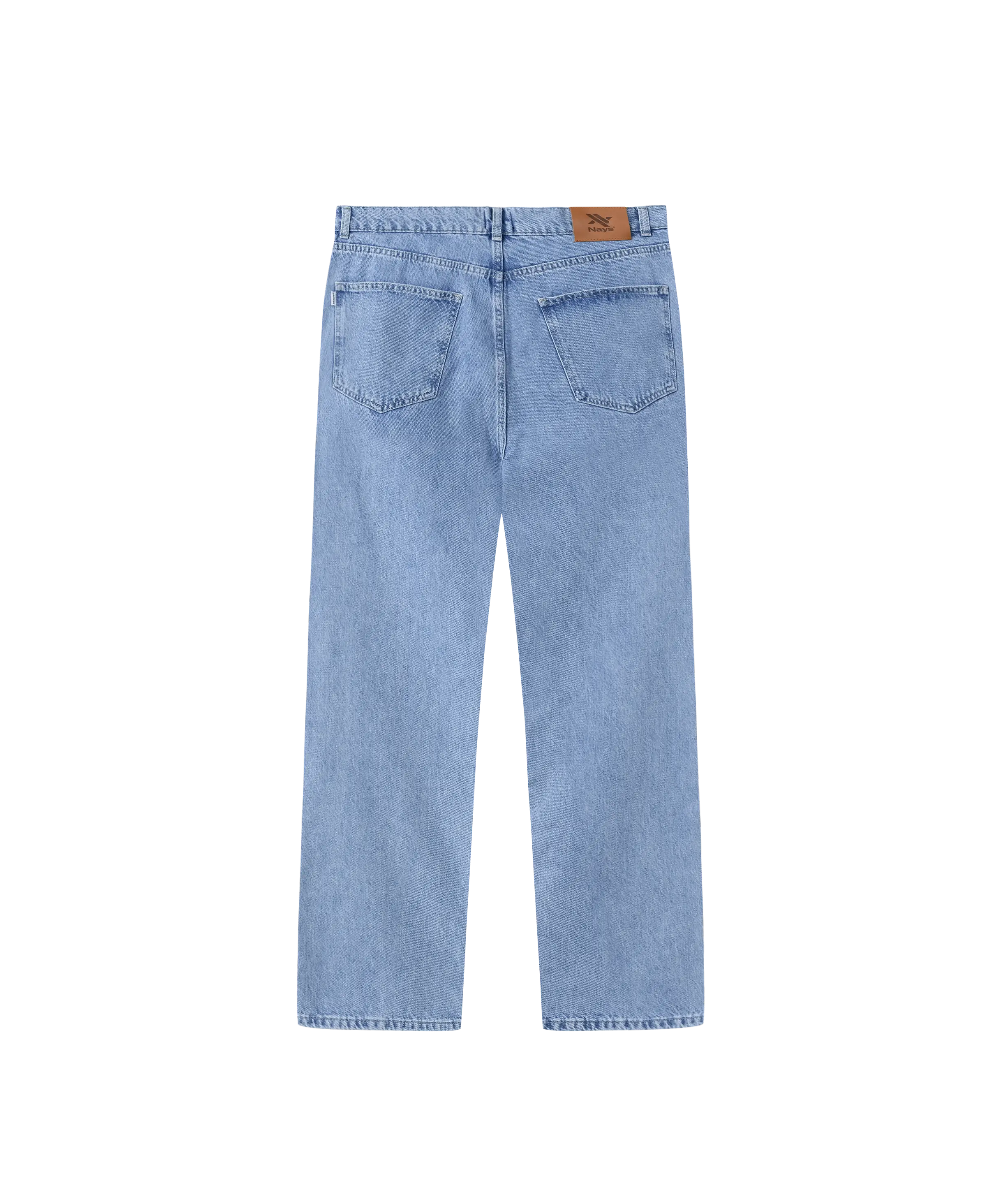 Nays Straight Fit Jeans aus hellblauem Denim, Rückansicht mit geradem Schnitt, zwei Gesäßtaschen, Gürtelschlaufen und Lederpatch am Bund, klassisches 5-Pocket-Design.