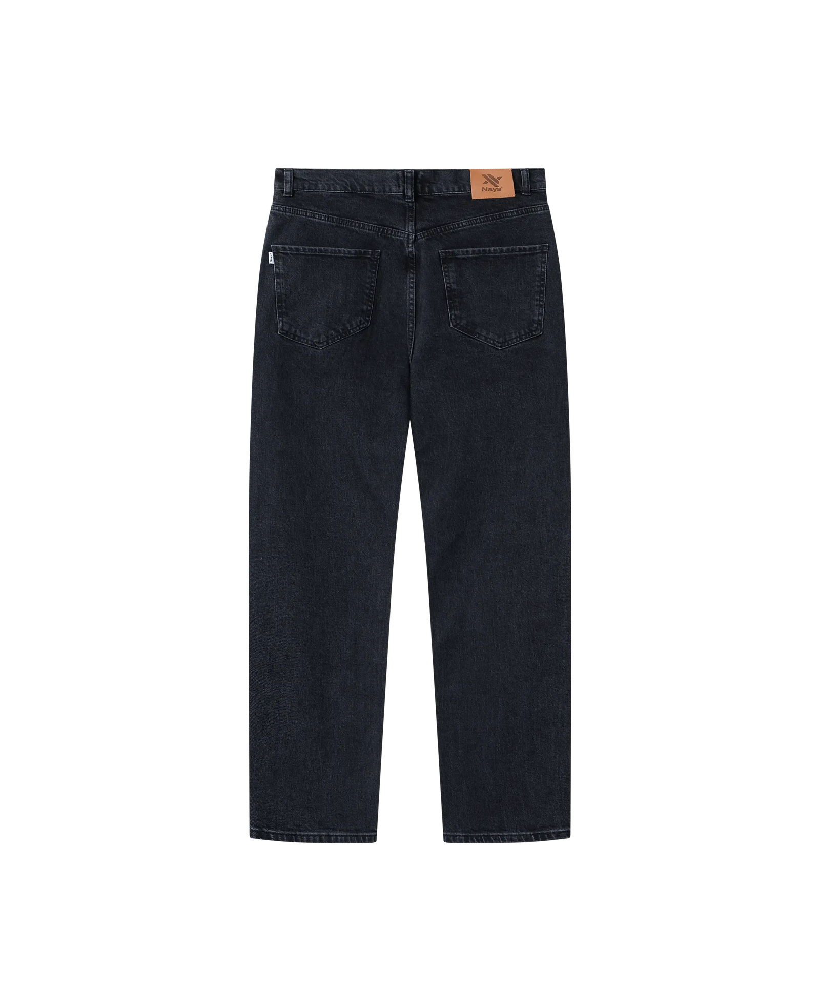 Nays Regular Fit Jeans in dunklem Denim, Rückansicht mit Lederetikett, zwei Gesäßtaschen und Gürtelschlaufen, gerade Beinform mit sichtbaren Nähten.